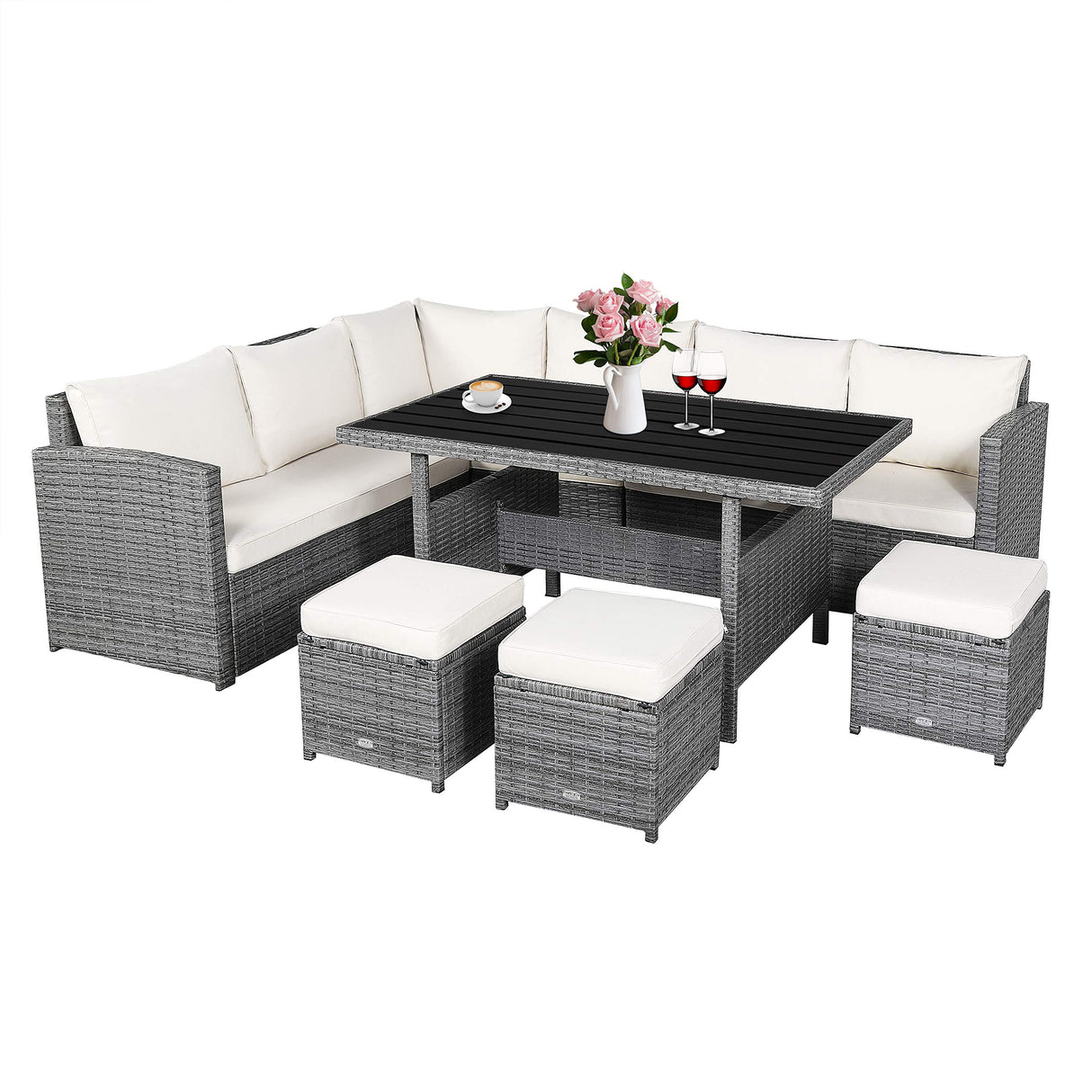 7 PCS Wicker Patio Furniture Set, Outdoor Rattan Sofa Set with Dining Table & Ottomans Soft