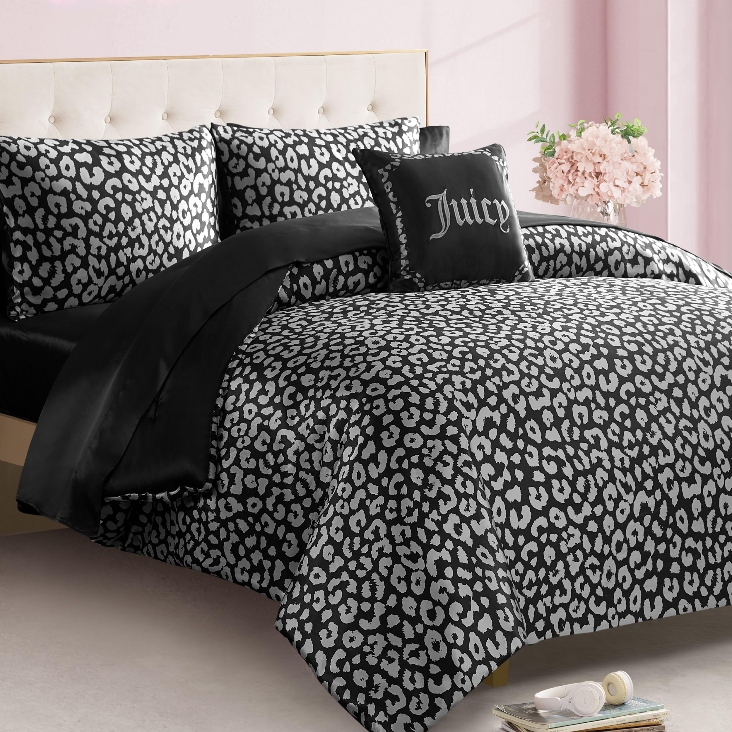 Black Leopard Satin Queen Comforter Set - 8-Piece Luxury Bedding