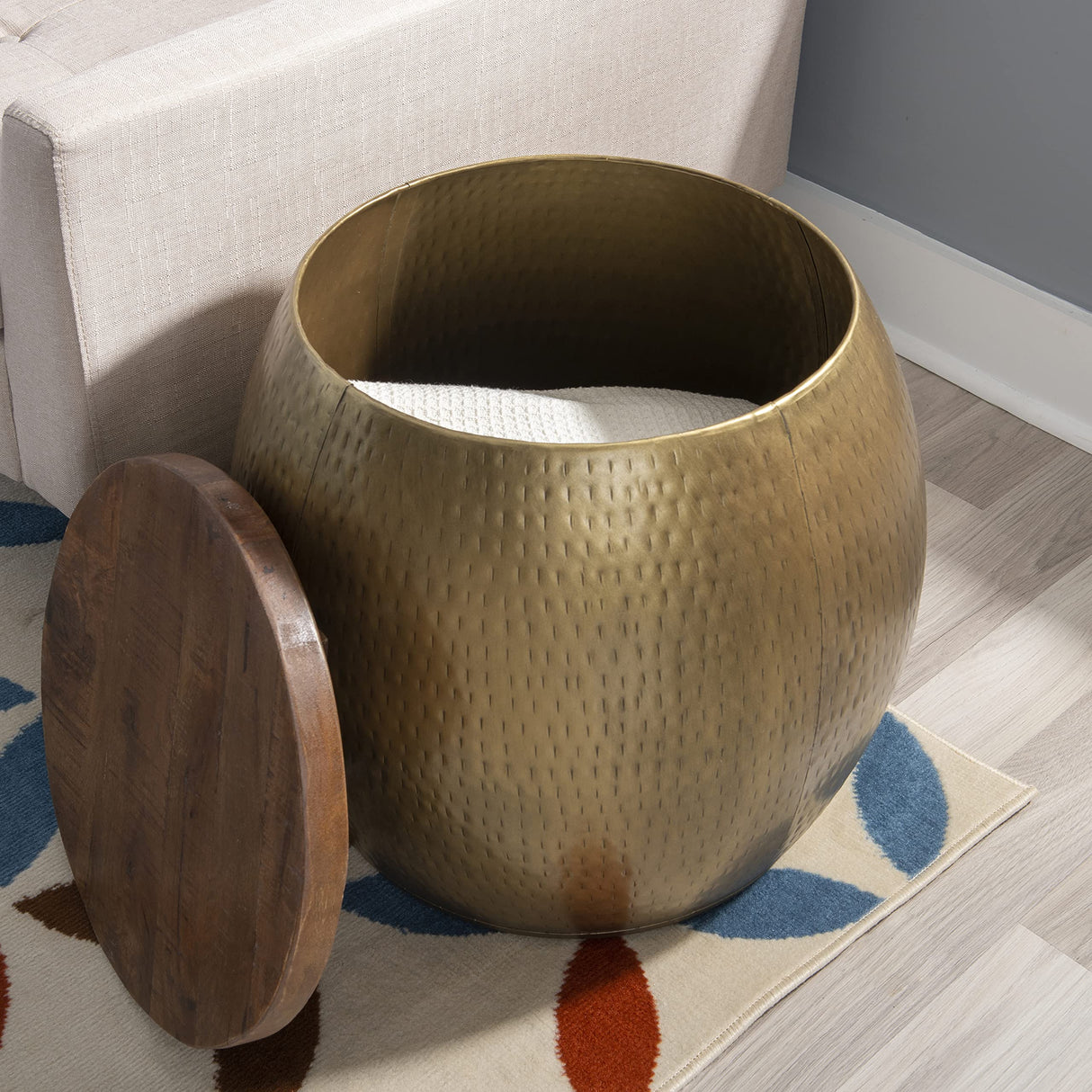 Brass Drum Side Table with Storage Beneath The Wood Top Janice