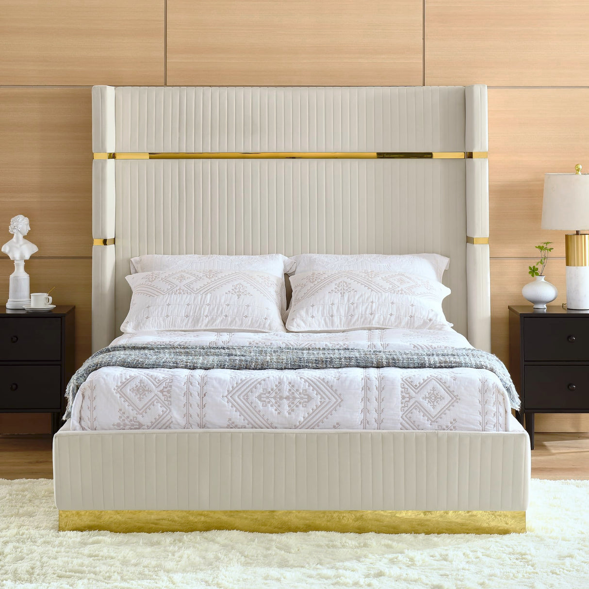 Yogald Queen Size Tall Wingback Headboard Bed Frame, Corduroy Upholstered Gold Trim Platform Bed/No Box Spring Required/Wooden Slats/Beige