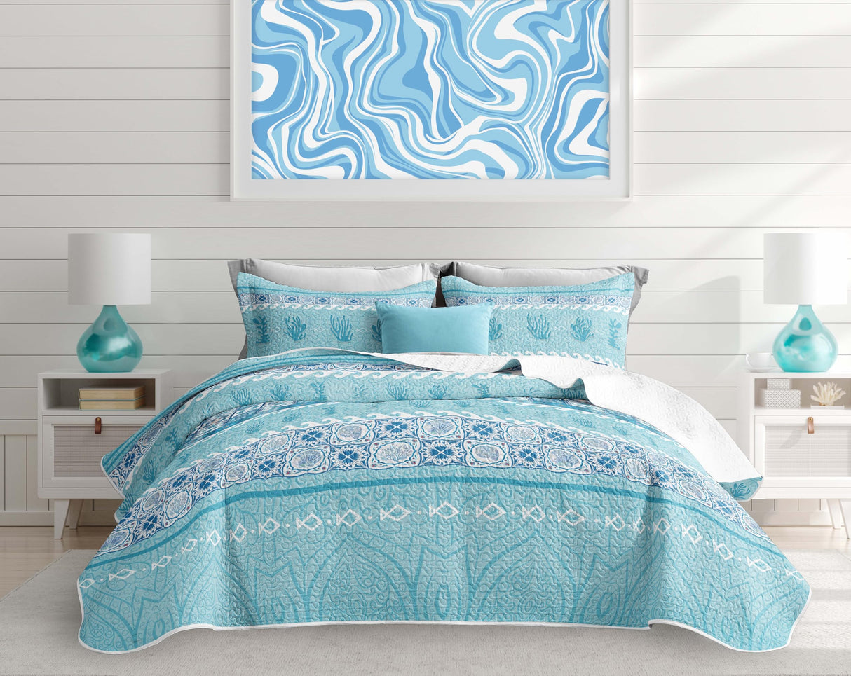 3 Piece Blue Coastal Quilt Sets Queen Size Microfiber Comforter Bedspread