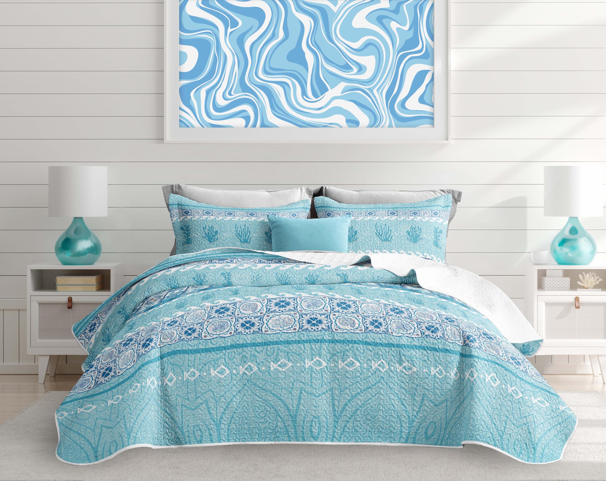 3 Piece Blue Coastal Quilt Sets Queen Size Microfiber Comforter Bedspread