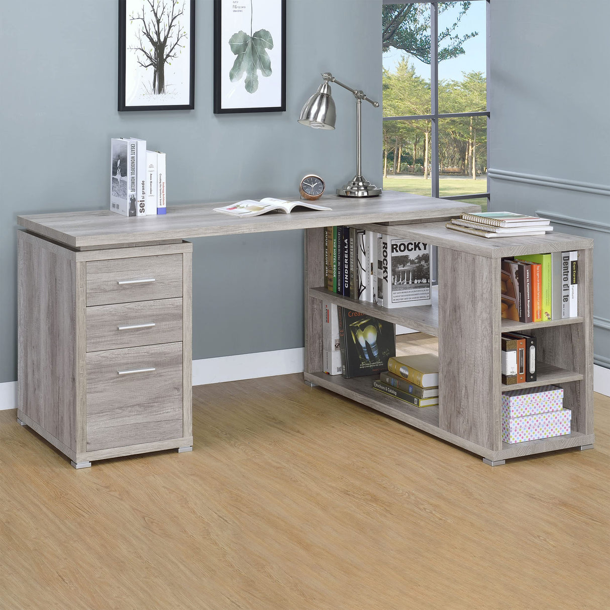 Yvette L-Shape Grey Driftwood Office Desk (801516)