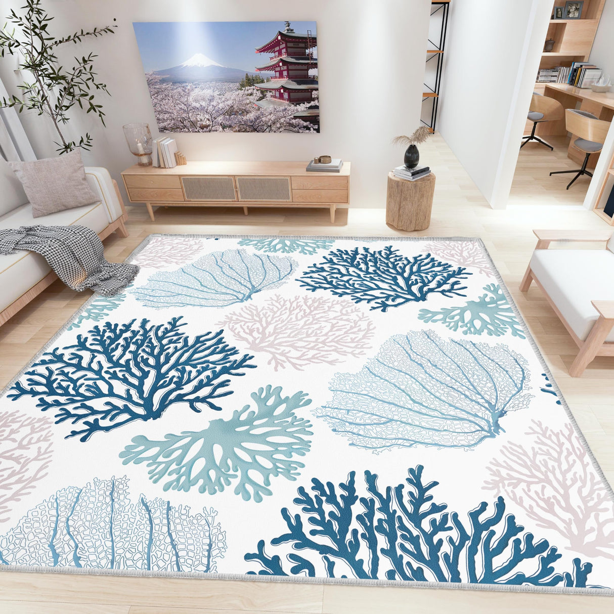 Coastal Coral Area Rug 5x7 - Non-Slip Machine Washable Nautical Beach Carpet