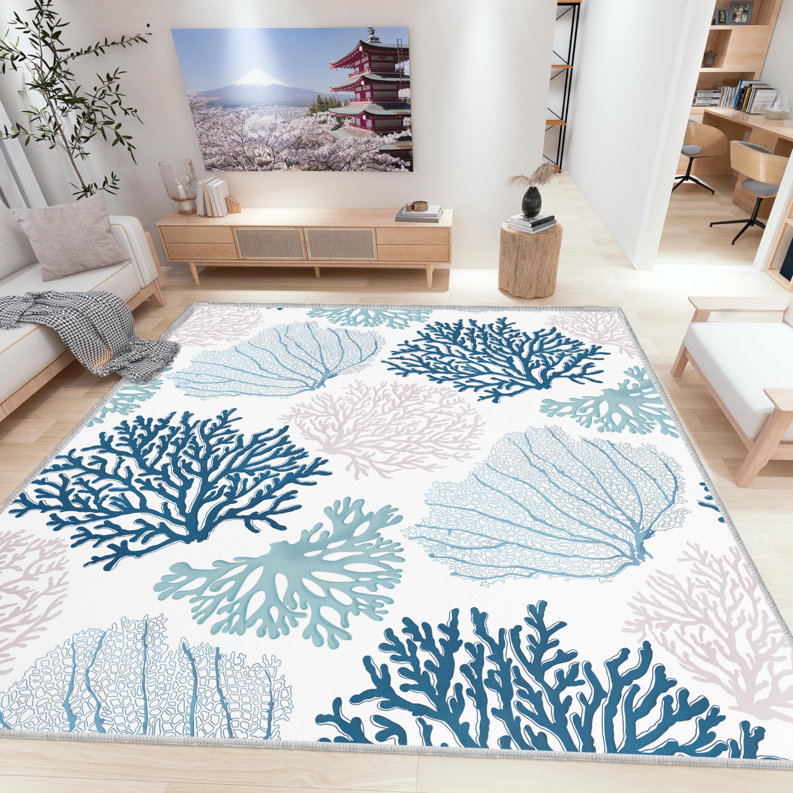 Coastal Area Rug Beach Rugs Non-Slip Nautical Coral Machine Washable Rugs Modern Floor Carpet for Bathroom Laundry Bedroom Living Room, 5x7