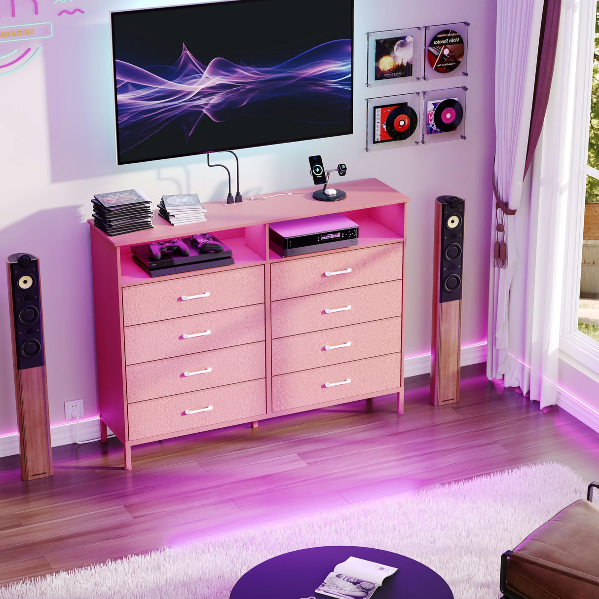 SOOWERY Dresser for Bedroom Led Bedroom Dresser with Charging Station, Tall Dresser with 8 Fabric Chest of Drawers, Dresser for Kids Room, TV Stand for up to 60" TV for Living Room, Pink