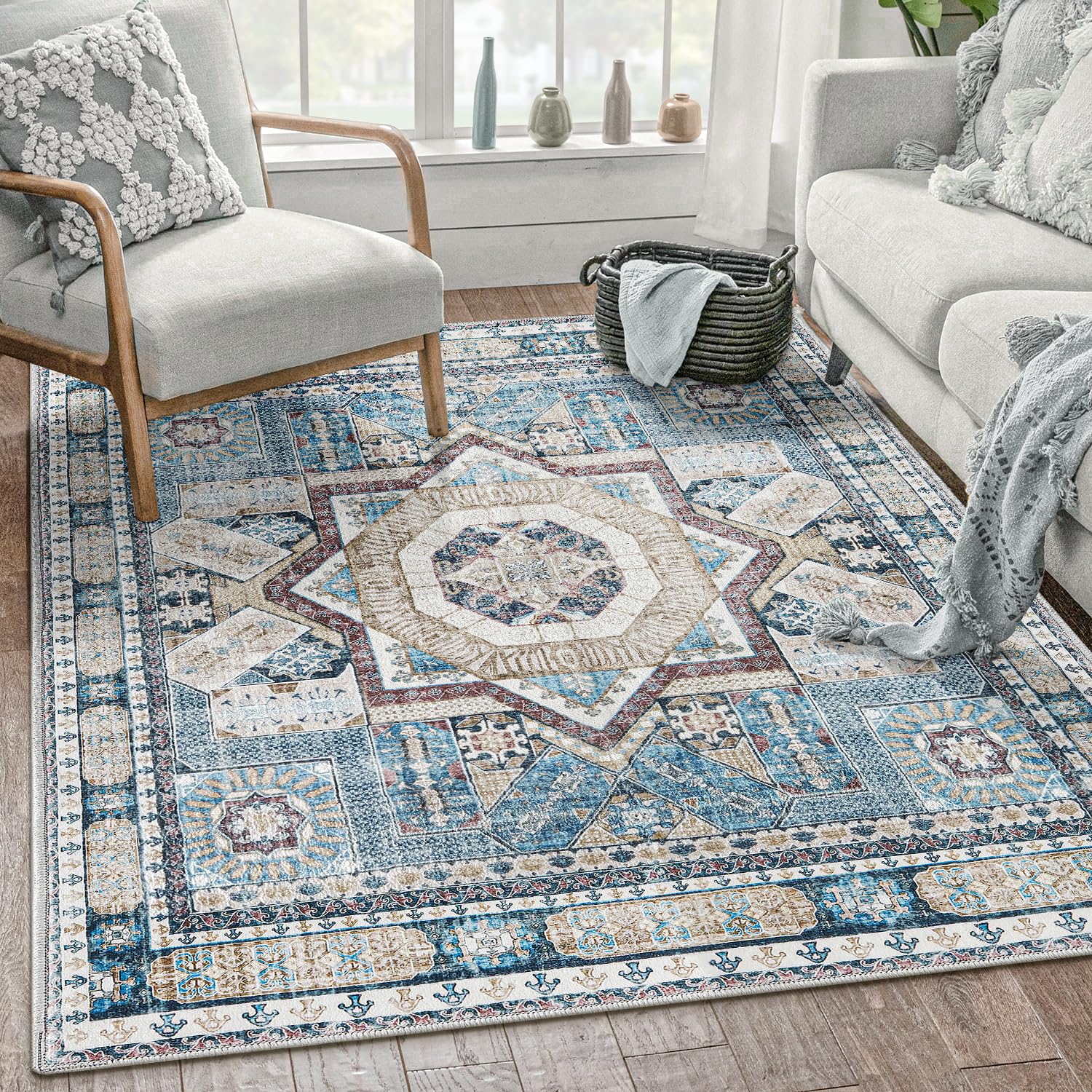 5x7 Washable Rug, Soft Machine Washable Non Slip with Rubber Backing Vintage Rug