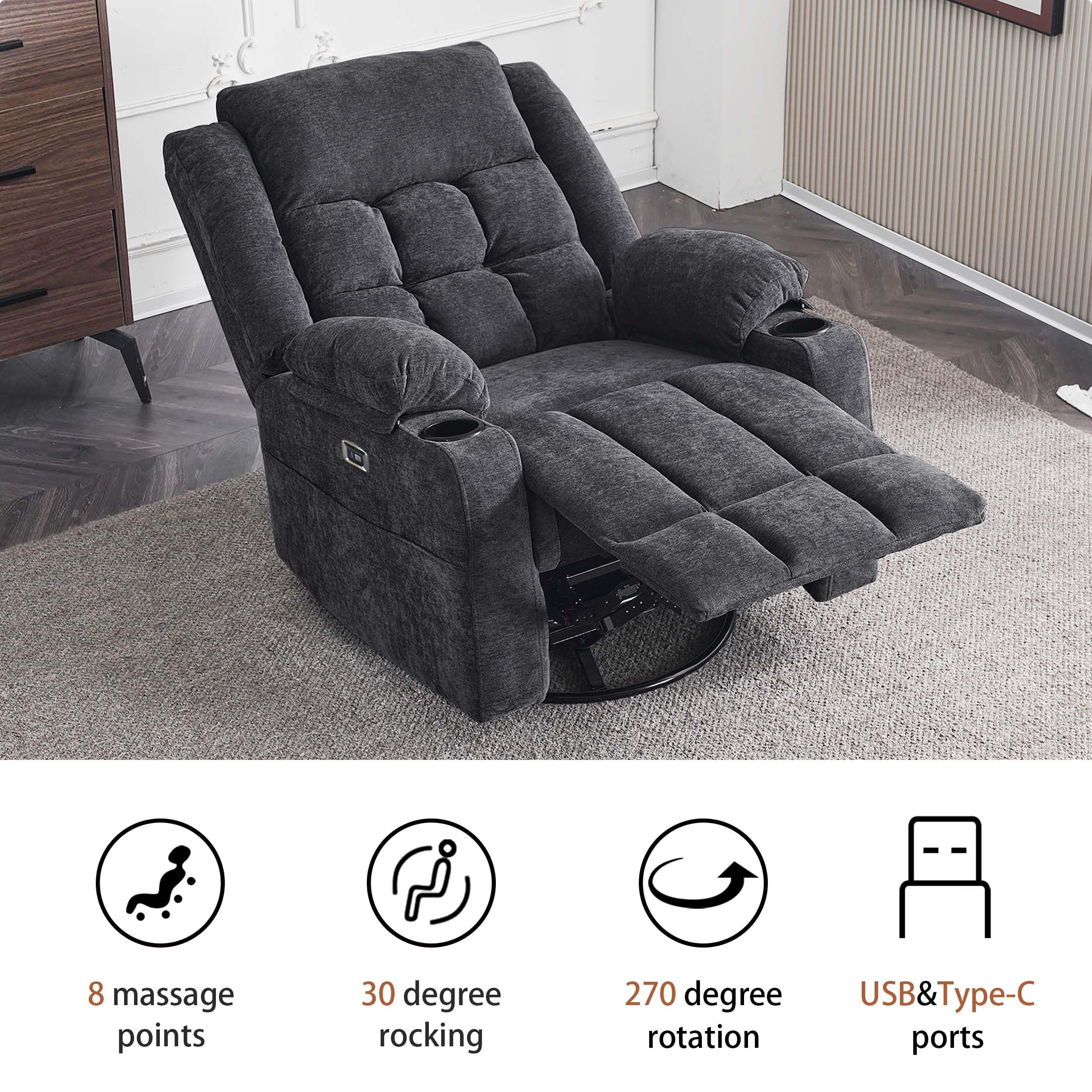 ZeniLuxe Swivel Recliner Chair with Massage, Heat, USB-C & Cup Holders