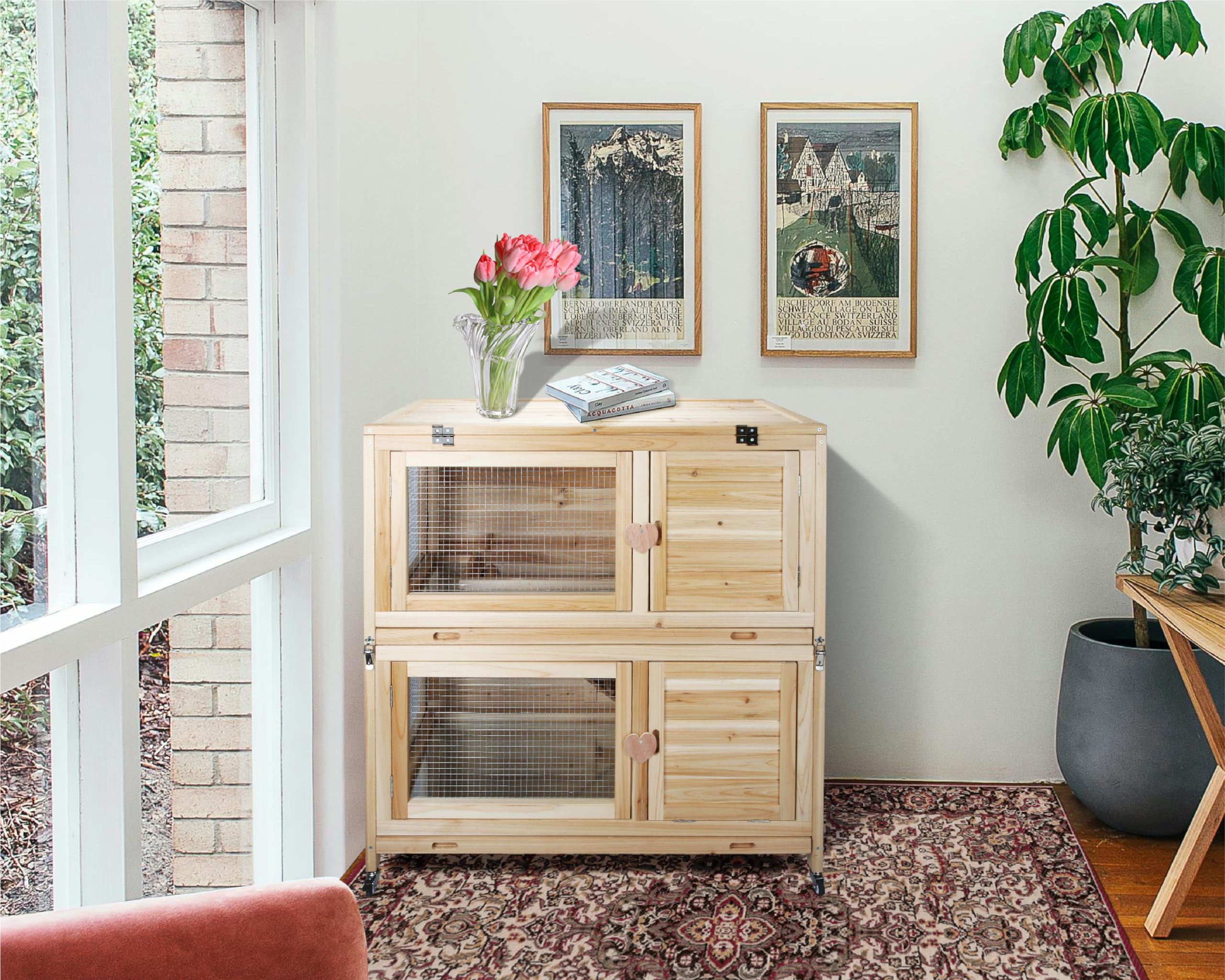 Collapsible Rabbit Hutch with Wheels, Upgrade Solid Wooden Bunny Cage Rabbit House