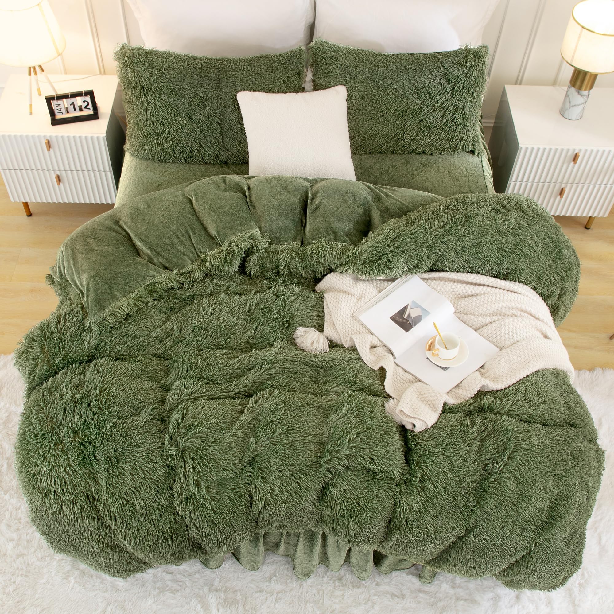 Faux Fur Sage Green Comforter Set King Size