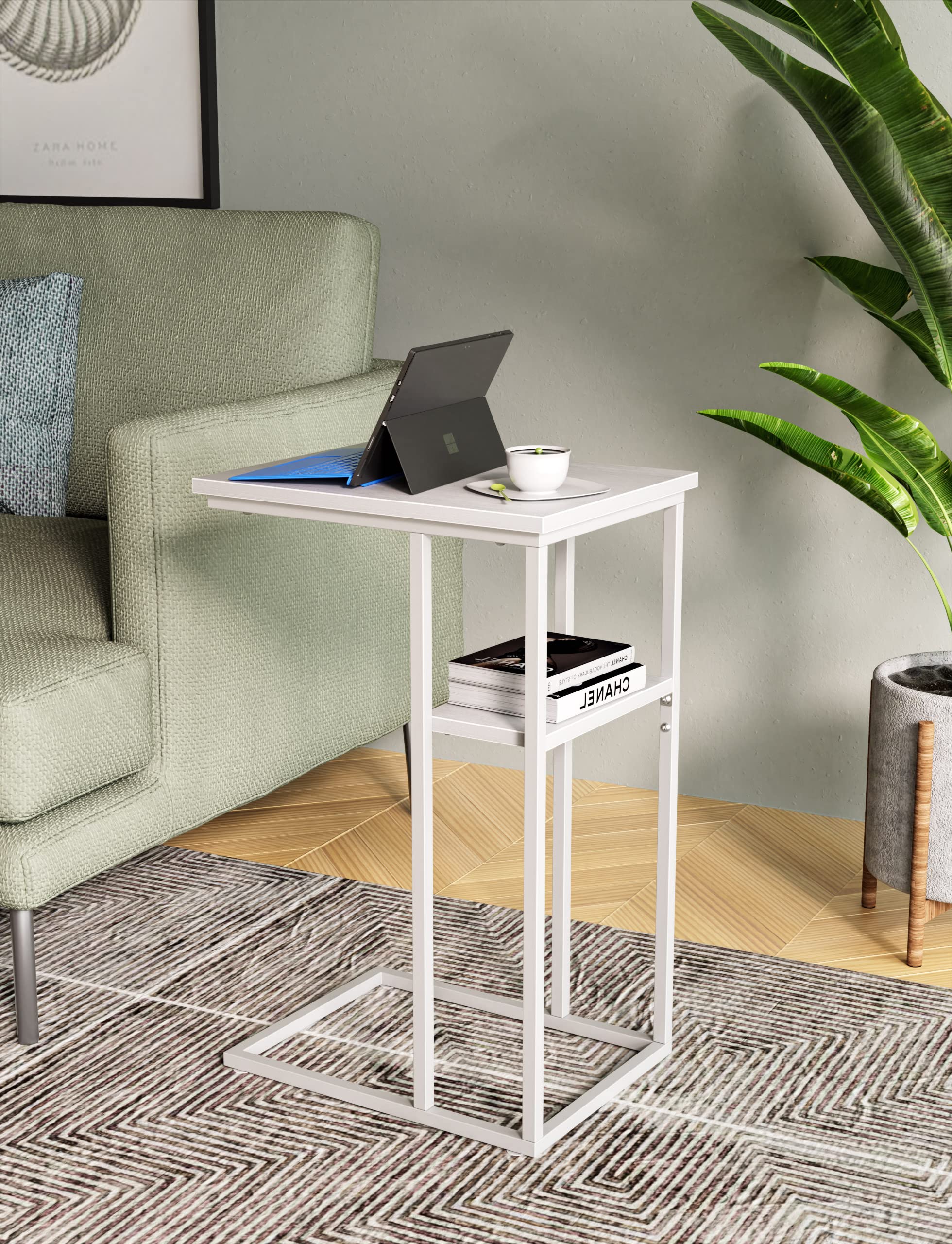 C Shaped End Table, Side Table with Metal Frame, TV Tray Table for Couch