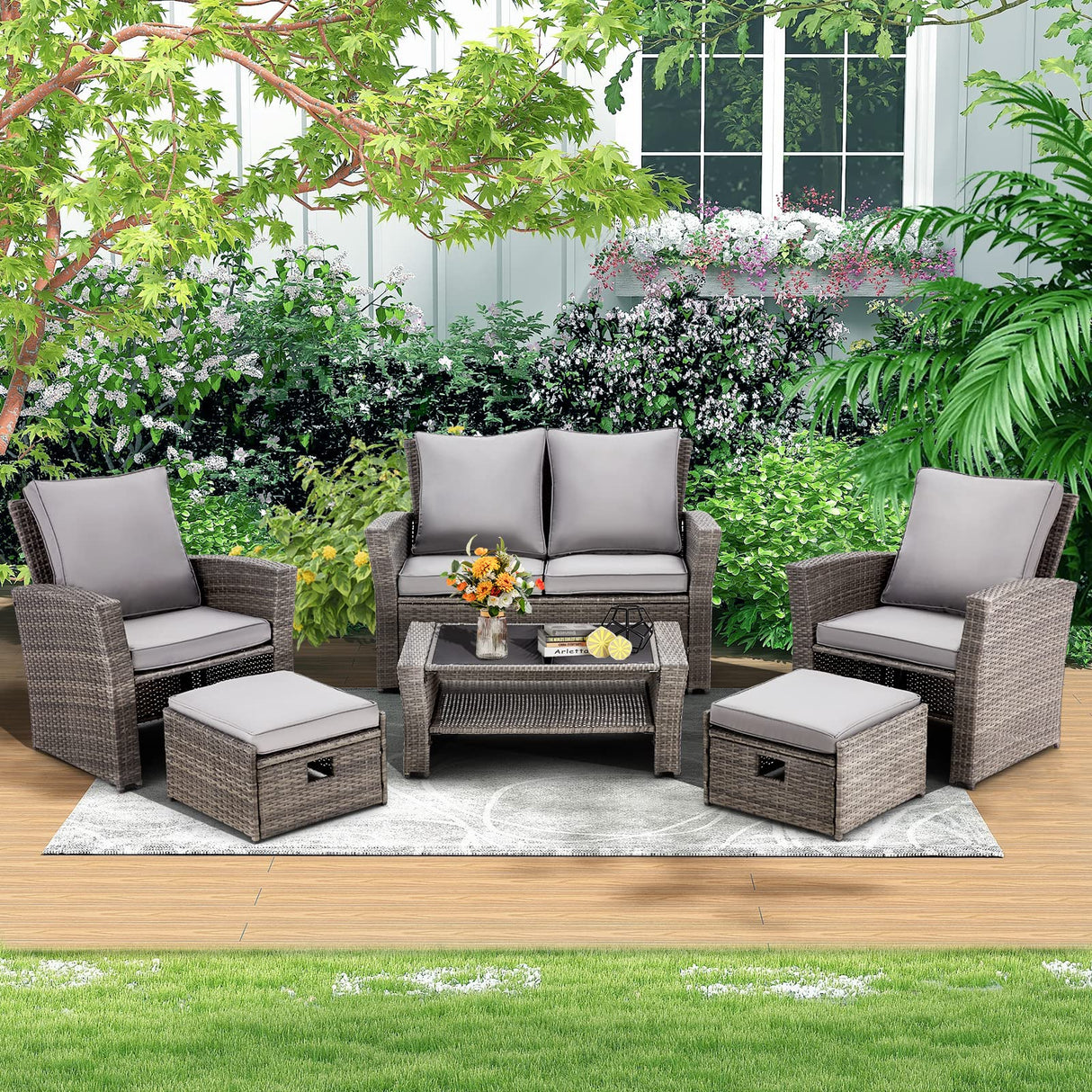 6 Pieces Patio Furniture Set, Outdoor Sectional Conversation Rattan Sofa Set