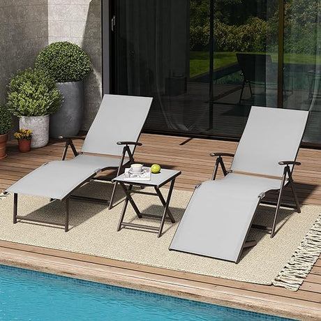 3PCS Outdoor Chaise Lounge & Table Set, Textiline Folding Chaise with Side Table,