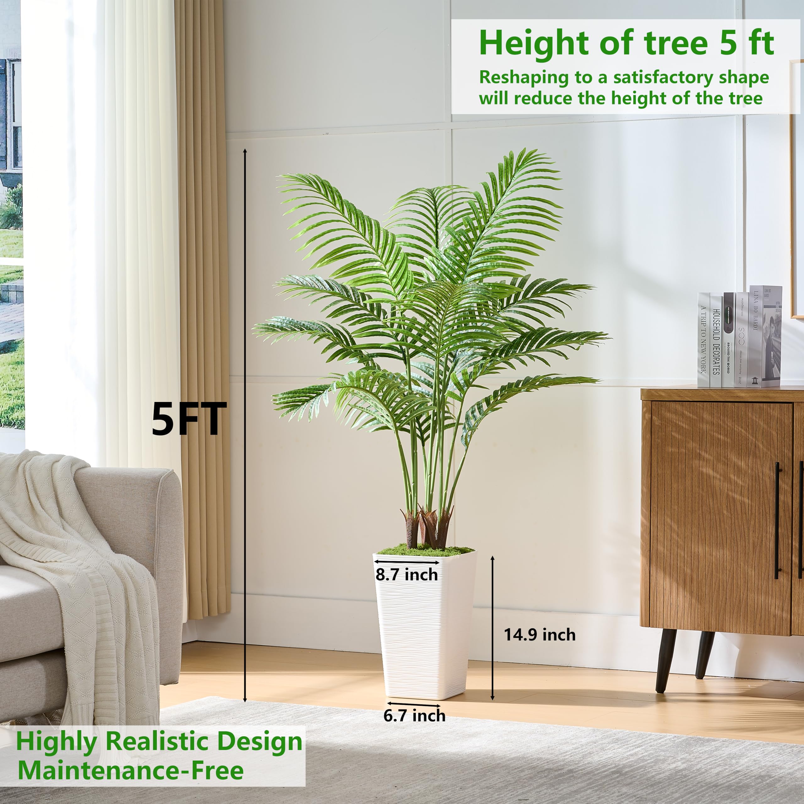 Artificial Palm Tree Artificial Silk Plant Fake Tree with White Tall Planter Faux Tropical Areca Floor Plant in Pot (1, White Tall Planter, 5 FT)