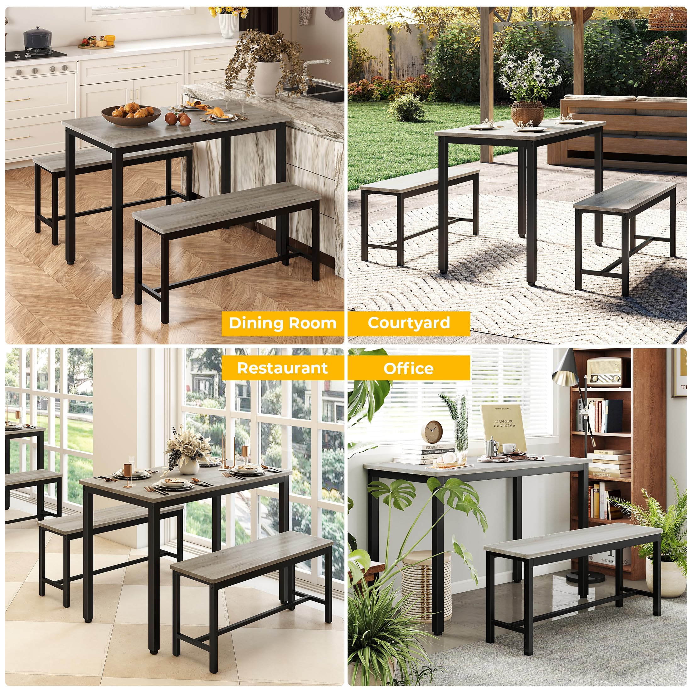 5-Piece Dining Table Set with Bench for 4 - Space-Saving Kitchen Table, Grey