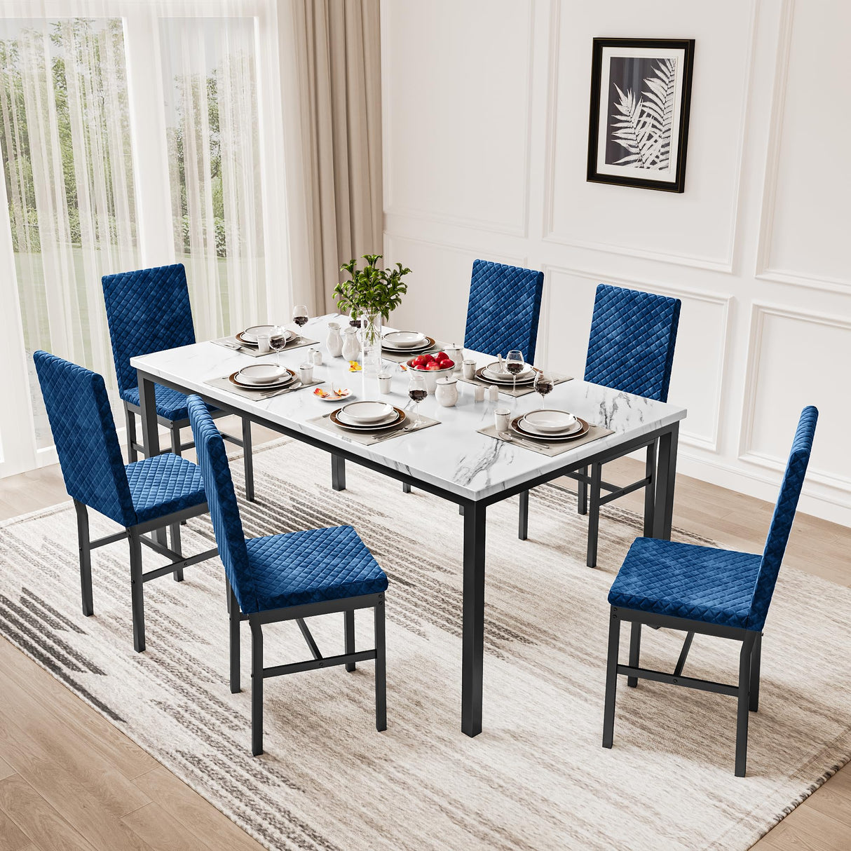 6-Piece Faux Marble Dining Table Set with Blue Velvet Chairs