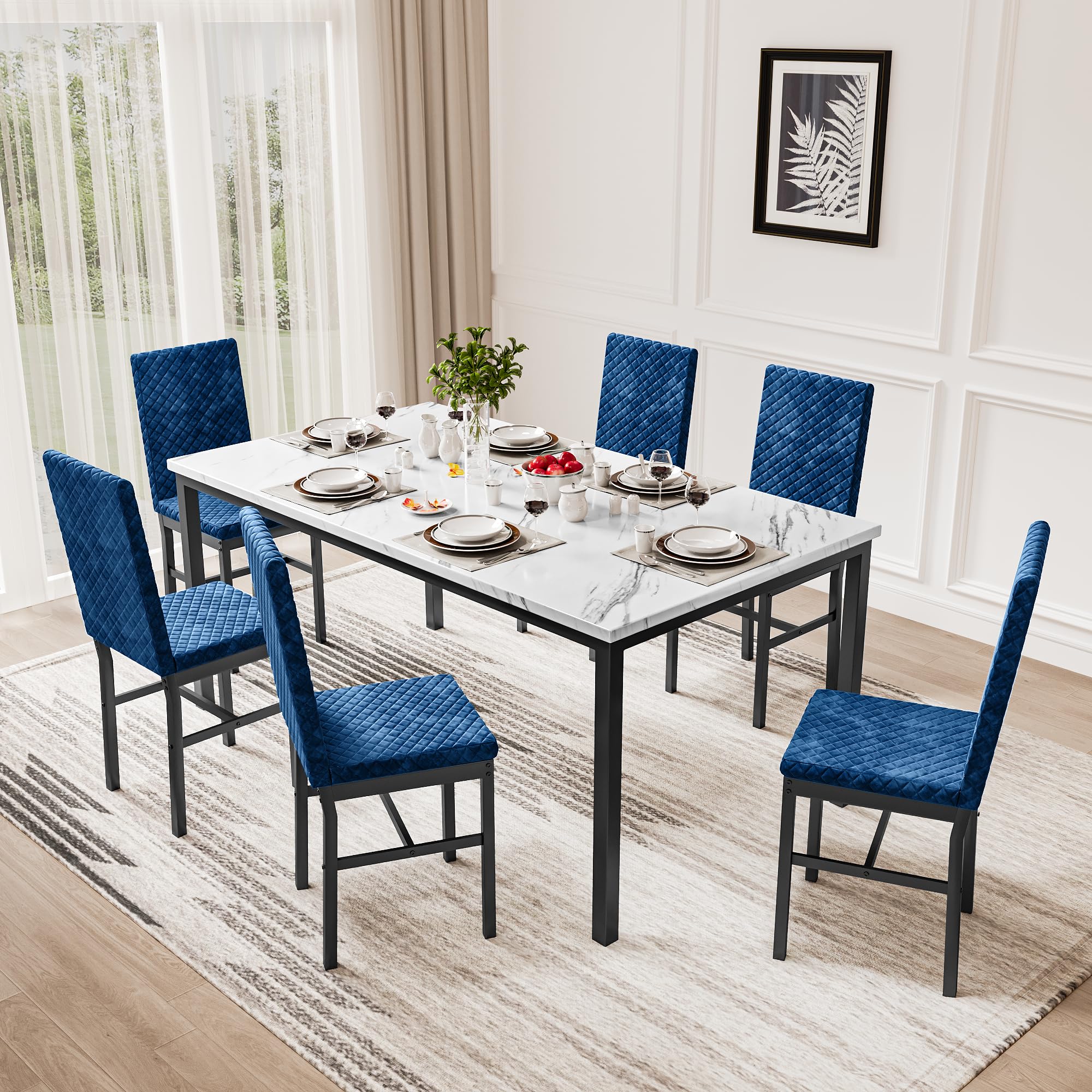 6-Piece Faux Marble Dining Table Set with Blue Velvet Chairs
