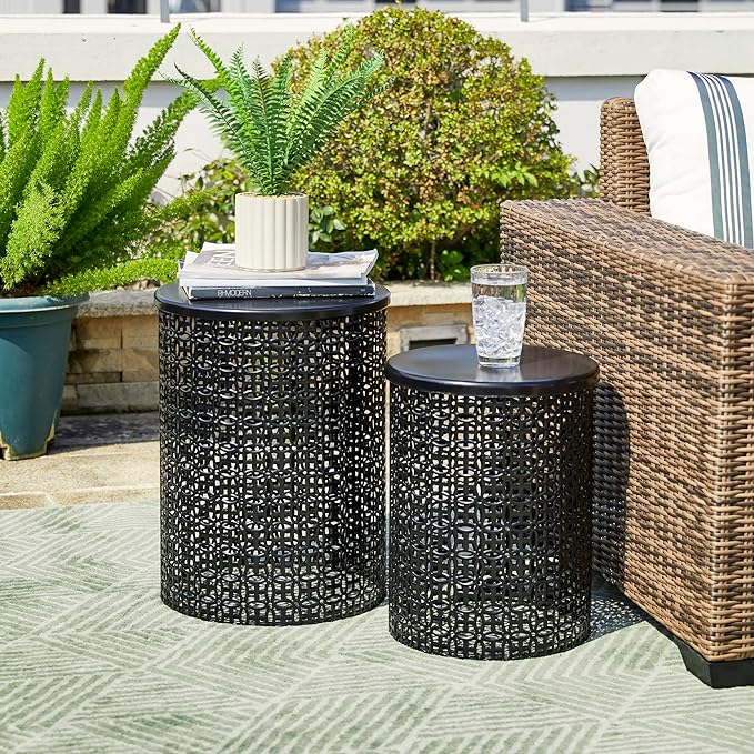 Outdoor Side Table Set of 2, Decorative Garden Stool for Indoor Outdoor Heavy Duty Metal