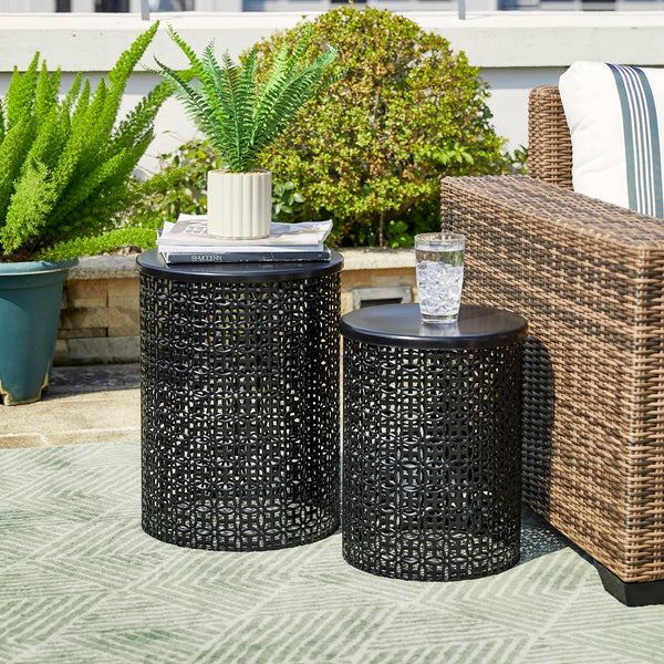 Outdoor Side Table Set of 2, Decorative Garden Stool for Indoor Outdoor Heavy Duty Metal Frame Accent Table