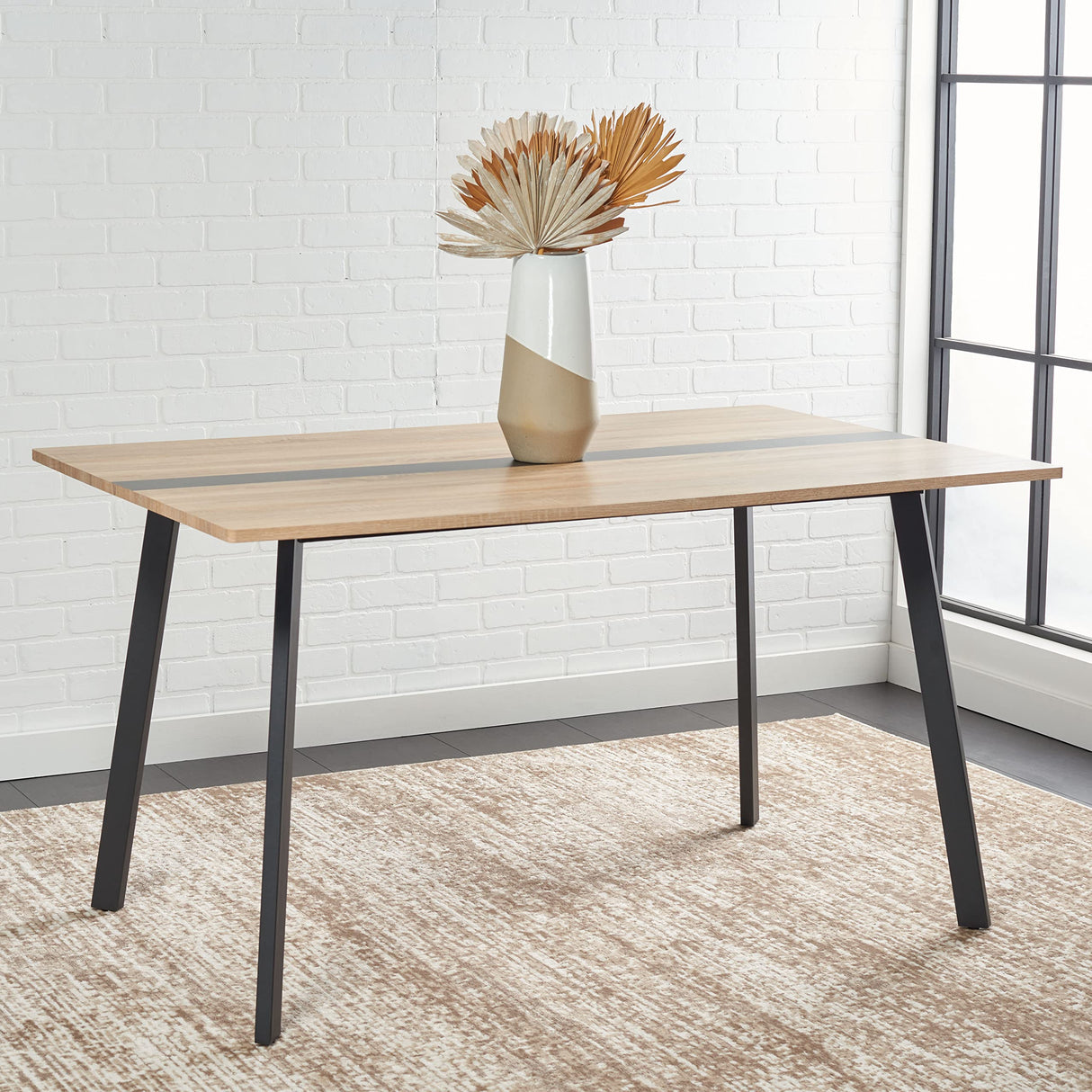 SAFAVIEH Home Collection Leith Mid-Century Scandinavian Natural/Black Stripe Rectangle Dining Table