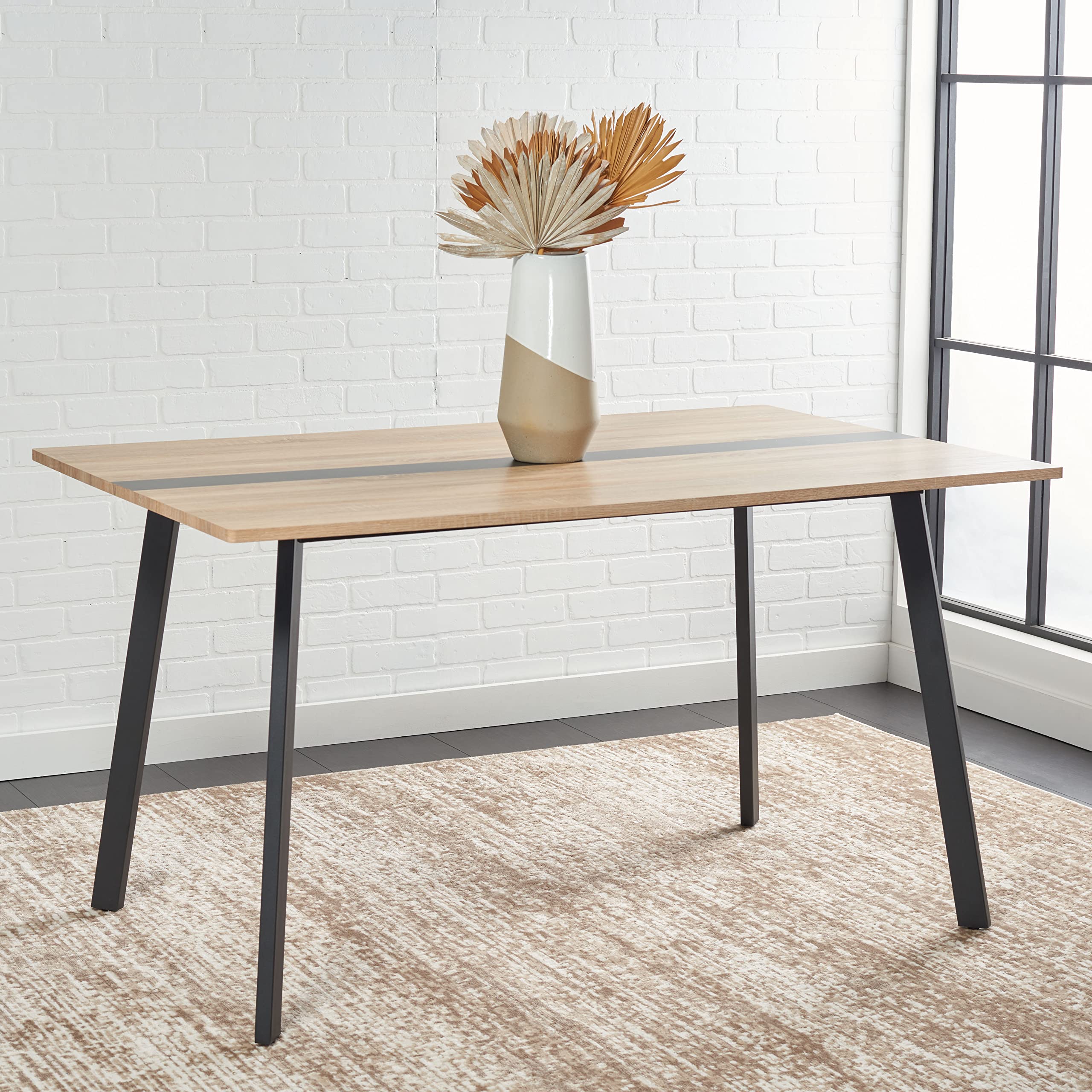 SAFAVIEH Home Collection Leith Mid-Century Scandinavian Natural/Black Stripe Rectangle Dining Table