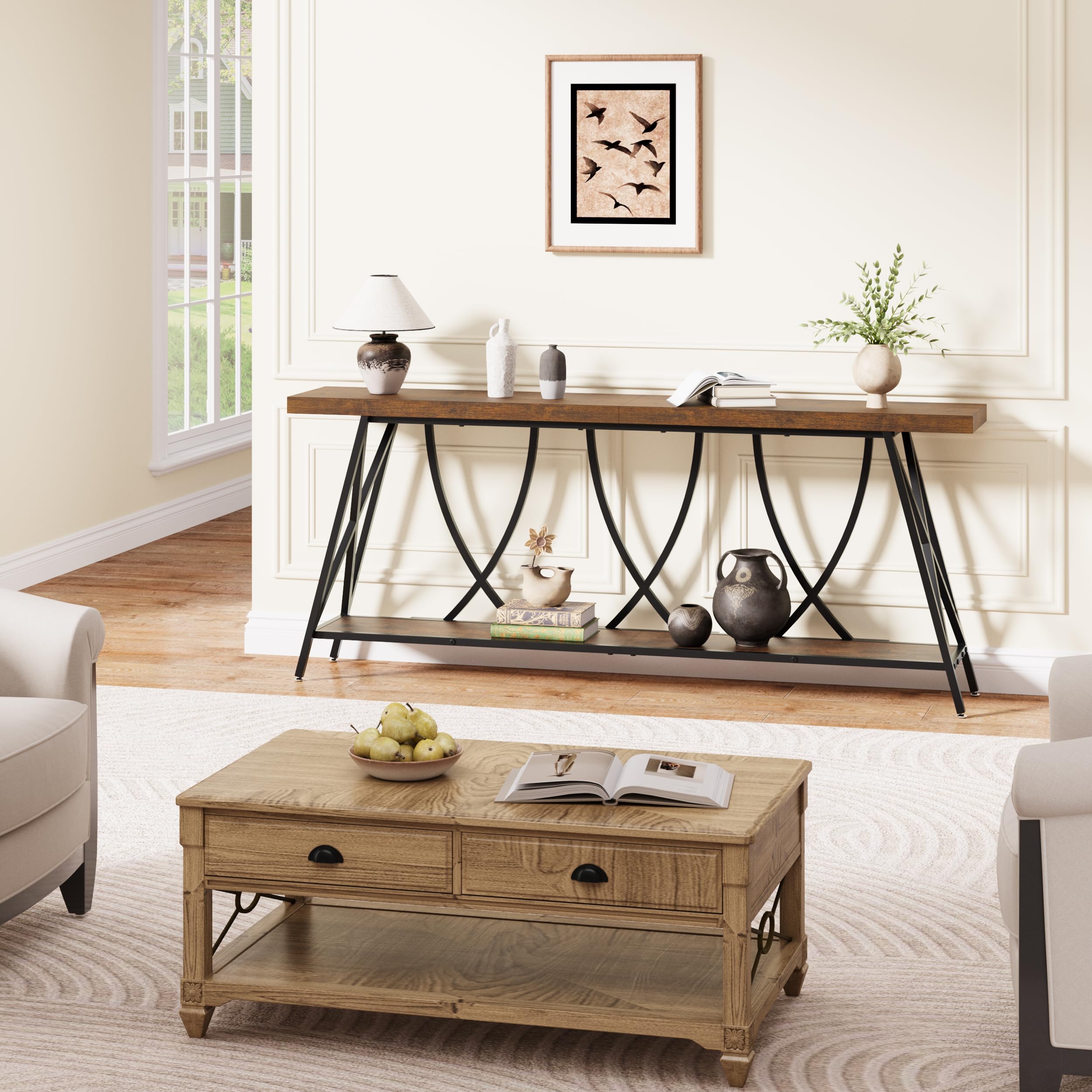 70.9" Narrow Console Table - Industrial Farmhouse Entryway Table with Storage