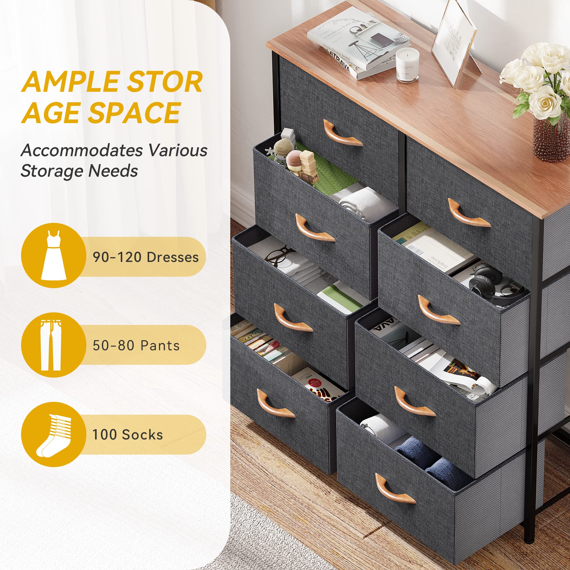Dresser for Bedroom, Fabric Dresser with 8 Drawers, Tall Dresser, Double Dresser