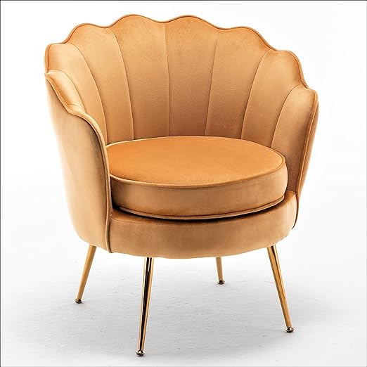 Velvet Barrel Accent Chair with Scalloped Silhouette and Gold Metal Legs