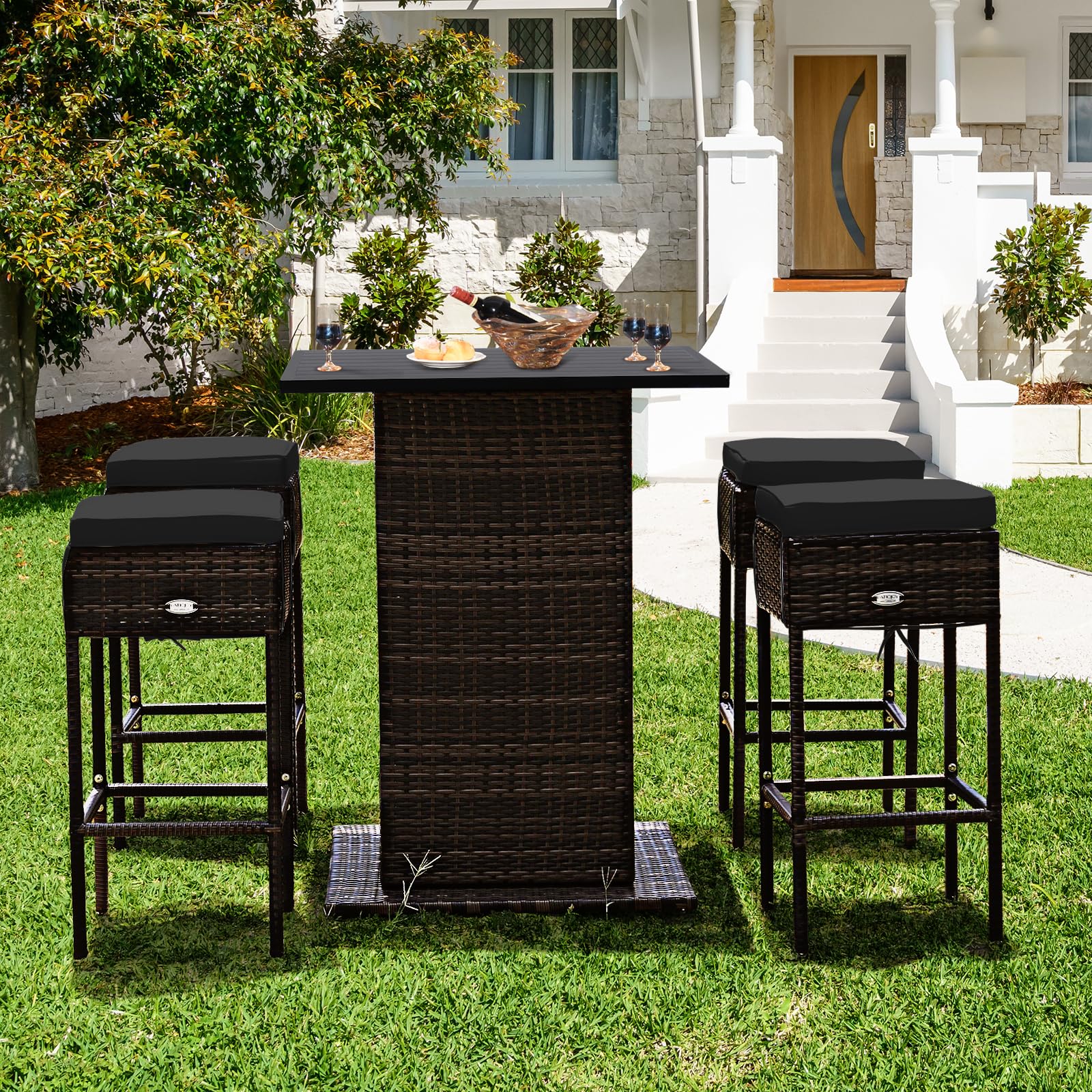 HAPPYGRILL 5 Pieces Rattan Bar Set, Outdoor Wicker Bar Table and 4 Bar Stools, Heavy-Duty Steel Frame, Patio Bar Furniture Set with Cushions, Black