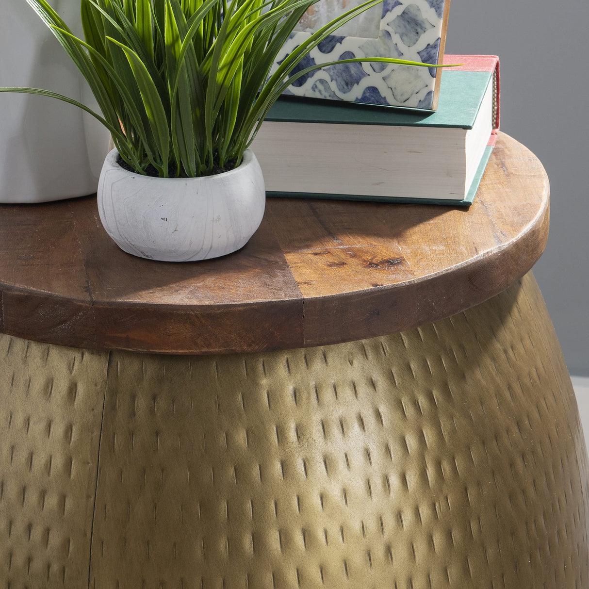 Brass Drum Side Table with Storage Beneath The Wood Top Janice