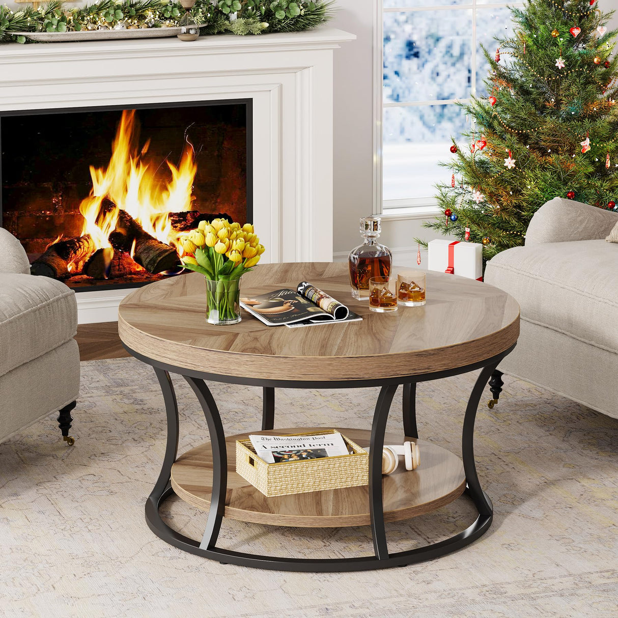 Round Coffee Table for Living Room, 2-Tier Circle Coffee Table with Storage, Accent