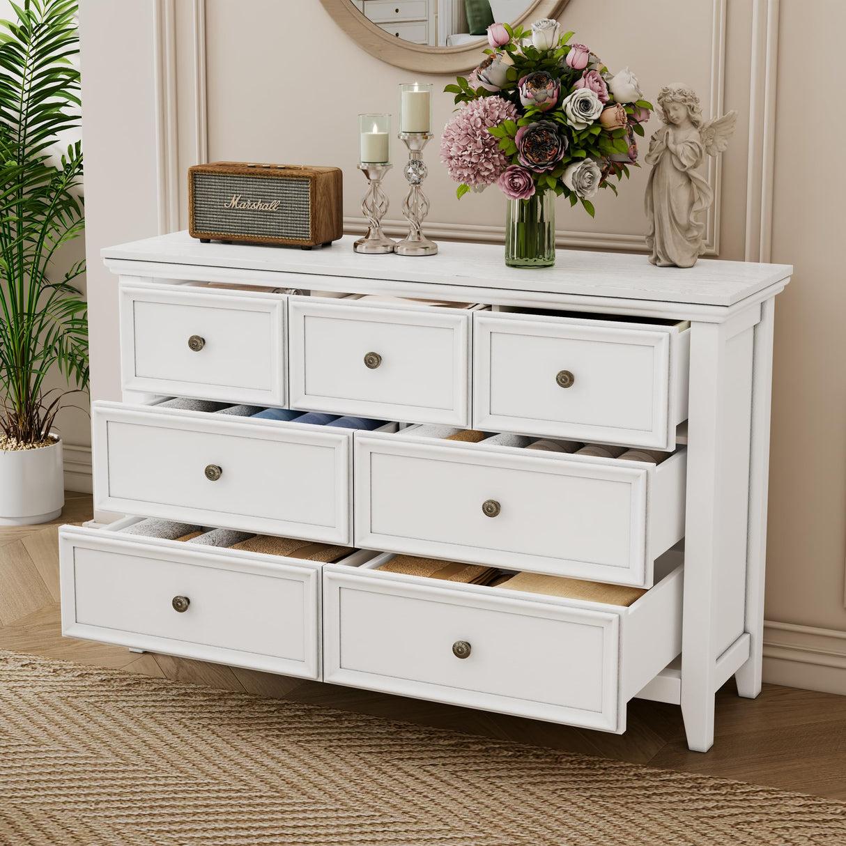 White Dresser for Bedroom, White 7-Drawer Dresser, Modern 7 Chest of Drawers