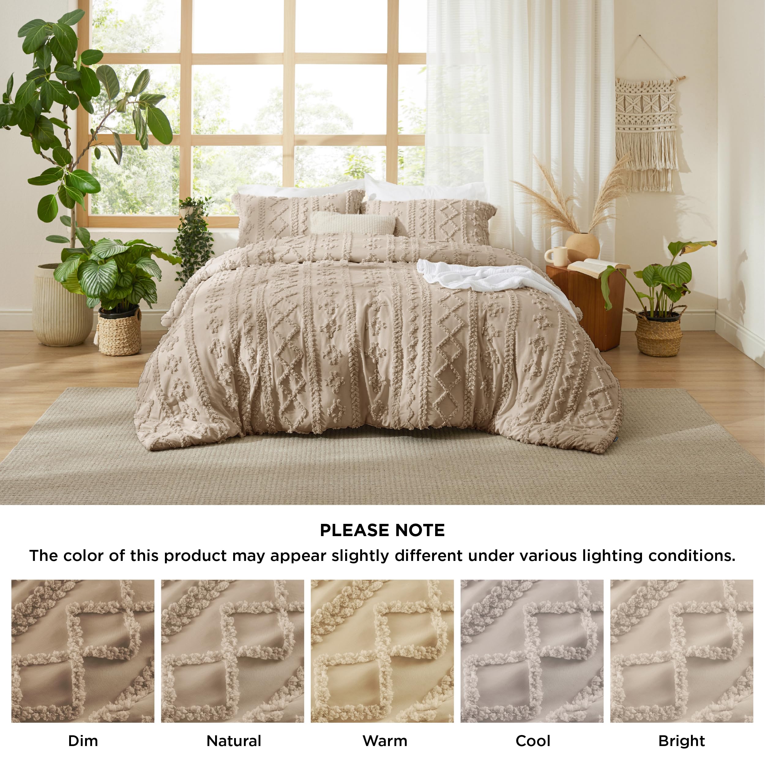 Tufted Boho Comforter Set California King - Khaki 3-Piece Farmhouse Bedding
