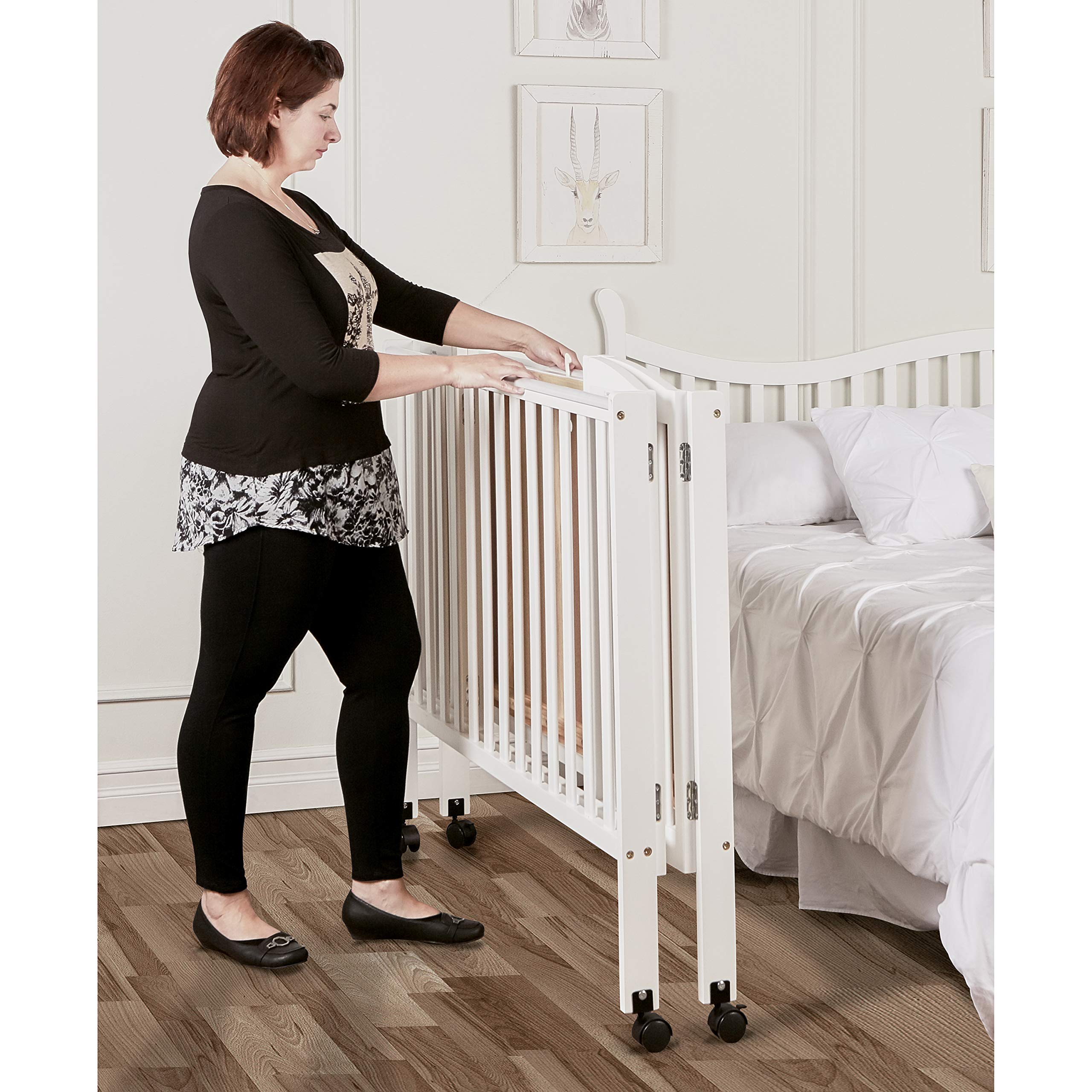 3 in 1 Portable Folding Stationary Side Crib in White, Greenguard Gold Certified, Safety Wheel with Locking Casters, Convertible, 3 Mattress Heights
