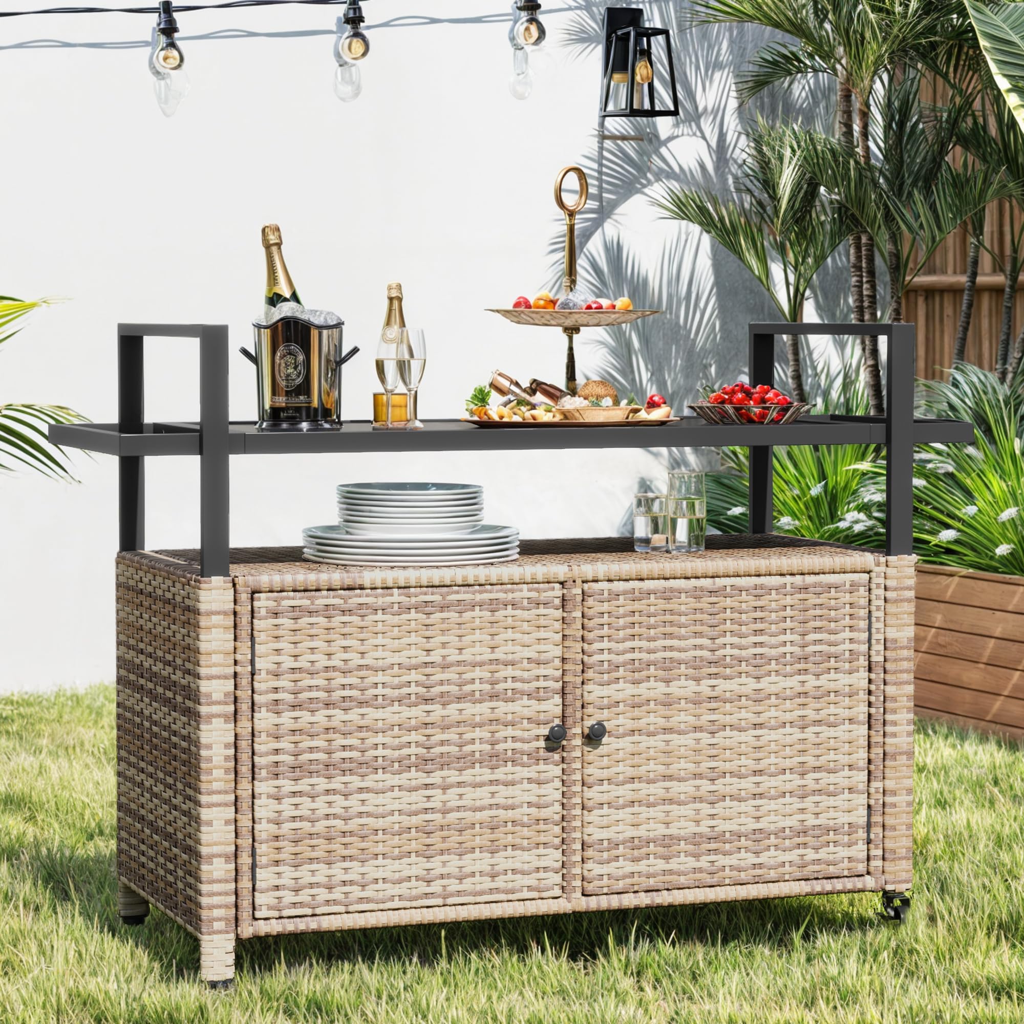 Patio Storage Cabinet,Outdoor Bar Cart with Glass Top,Outdoor Storage Cabinet