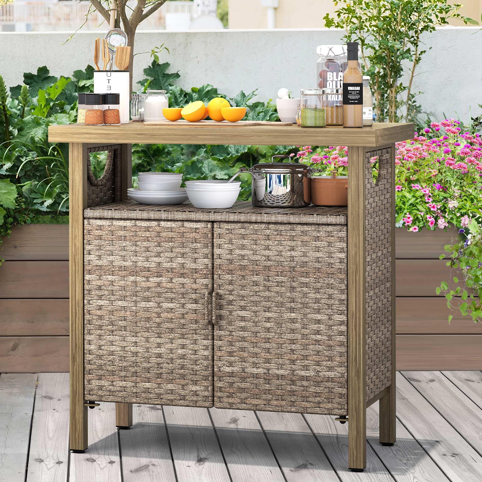 Outdoor Storage Cabinet, Patio Bar Table with Two Doors and Shelves