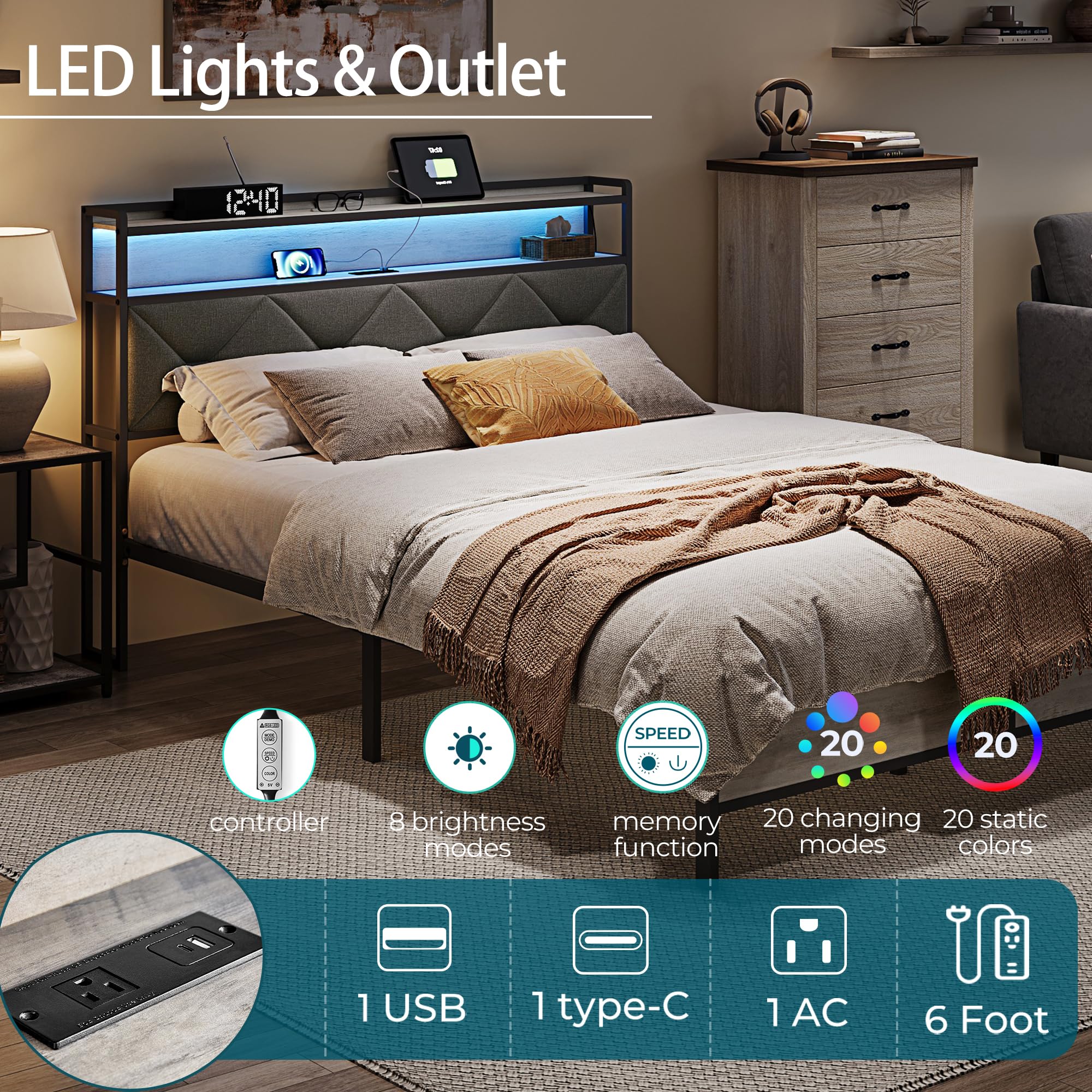 LINSY Full Bed Frame with Storage Headboard, Upholstered Platform Frame with LED and Charging Station, Metal Full Size Bed Frames, No Box Spring Needed, Easy Assembly, Rustic Grey