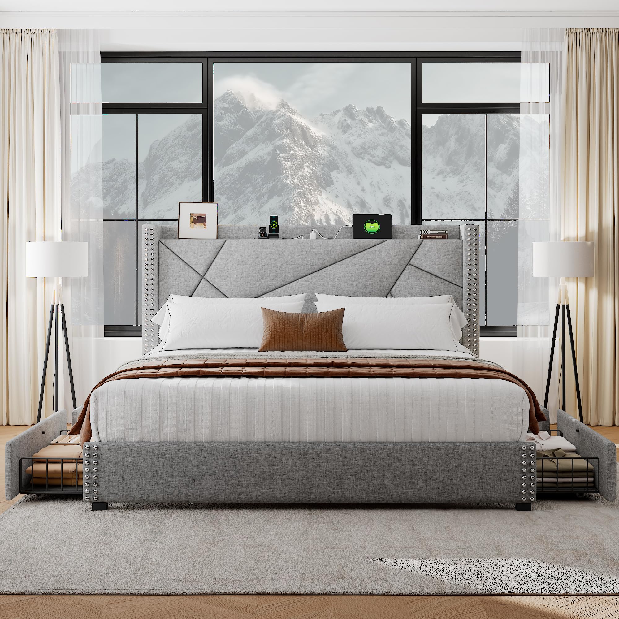 Upholstered Full Size Bed Frame with 4 Storage Drawers, Platform Bed Frame with Charging Station,