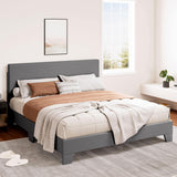 Queen Size Platform Bed Frame with Clean Line Fabric & Adjustable Headboard, Wood