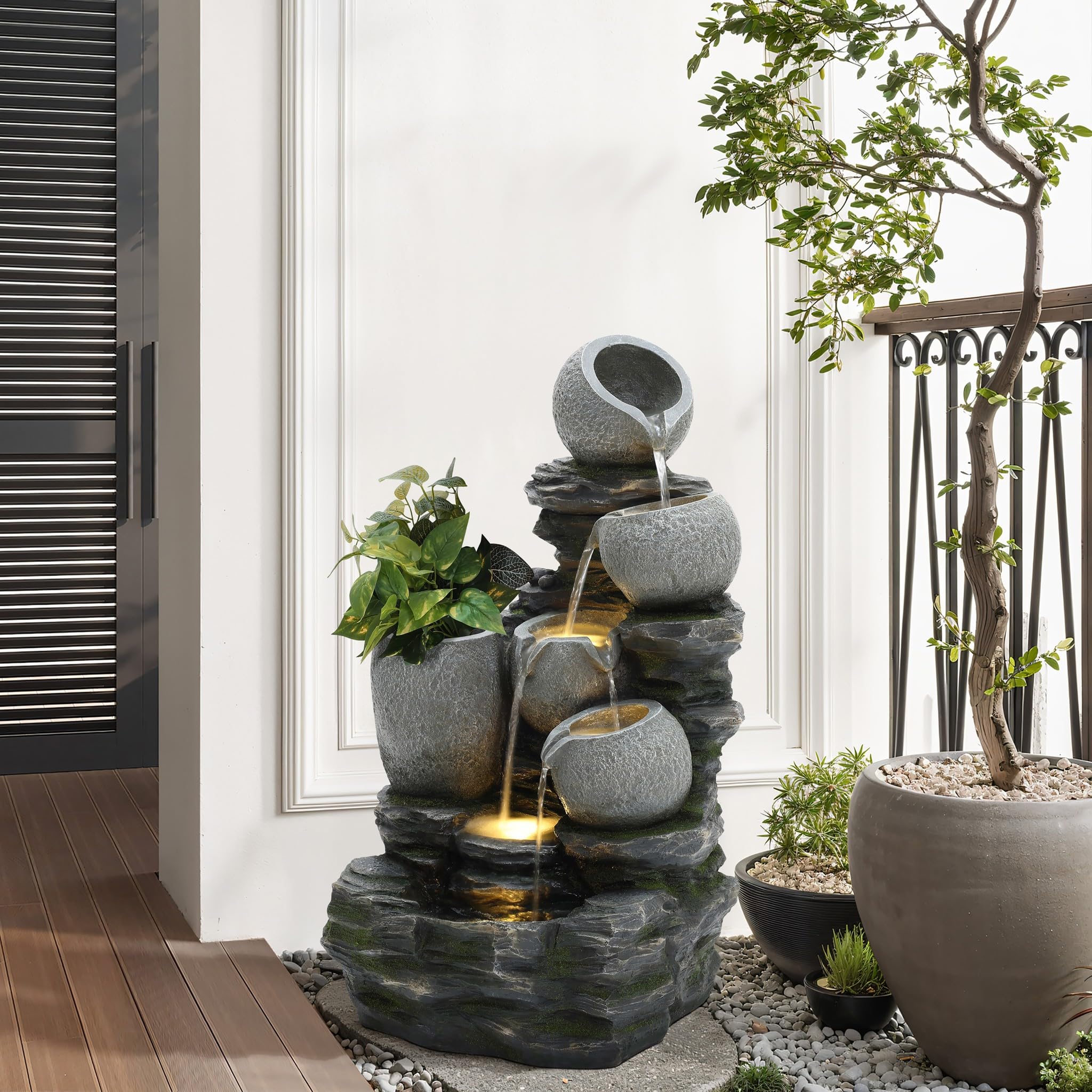 30 Inch Tall Outdoor Water Fountain, 4 Tiers Cascading Pots & Rock Cascading
