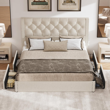 Queen Bed Frame with 4 Storage Drawers,Linen Upholstered Platform Bed Frame