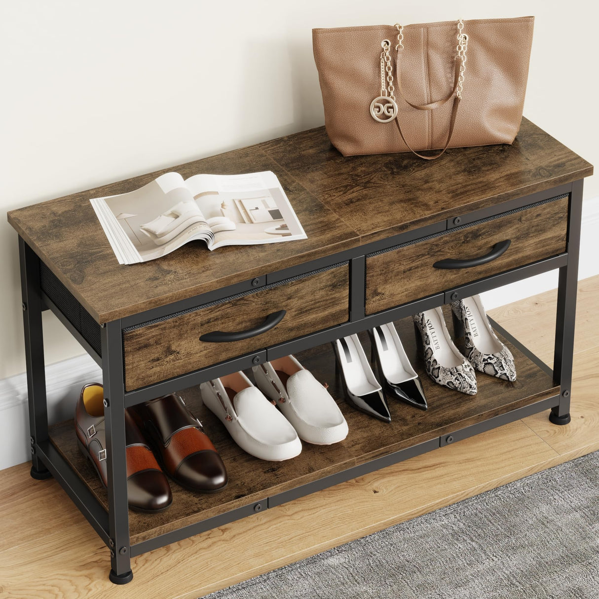 Shoe Rack Bench with 2 Fabric Drawer, 2-Tier Entryway Bench with All-Wood Boardn