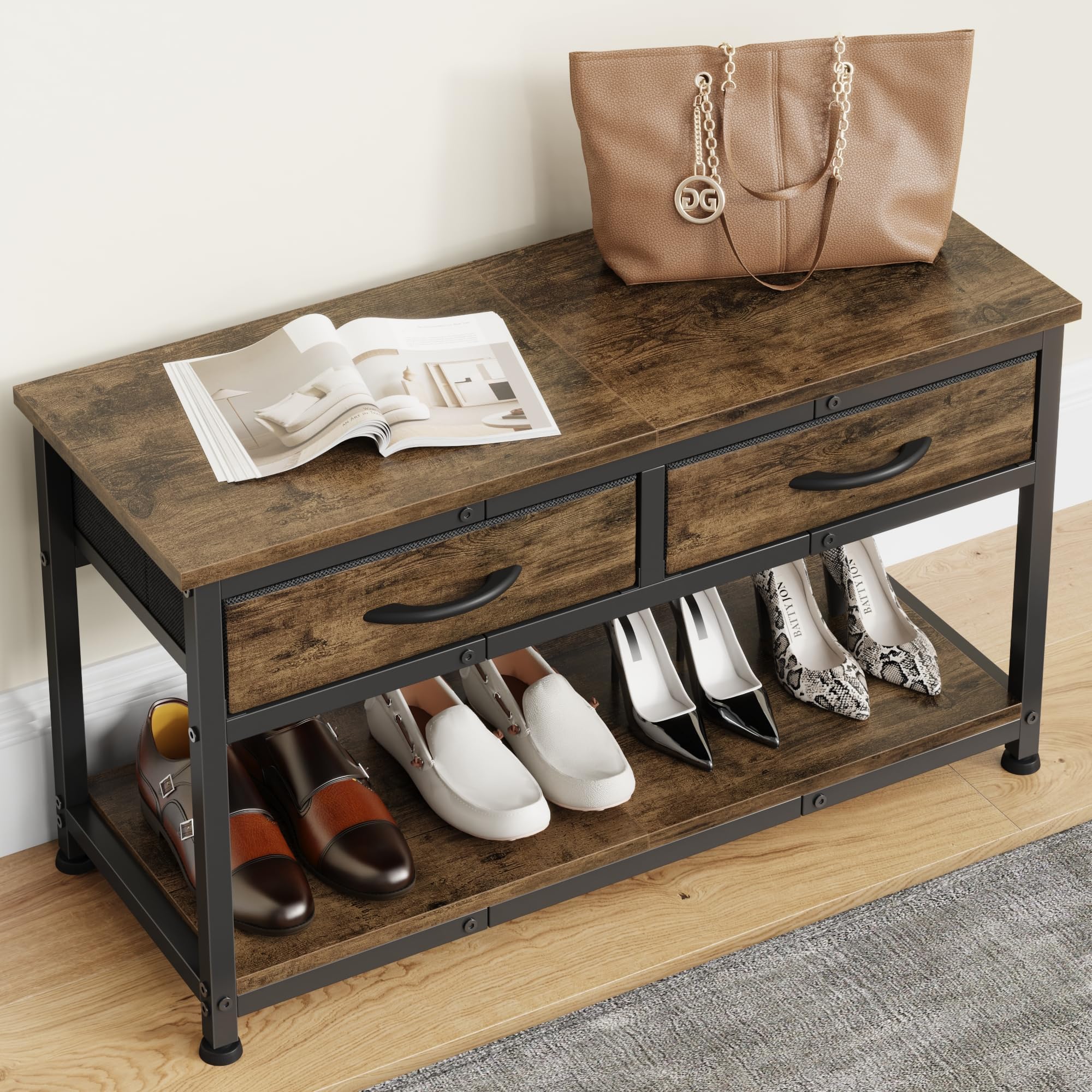 Shoe Rack Bench with 2 Fabric Drawer, 2-Tier Entryway Bench