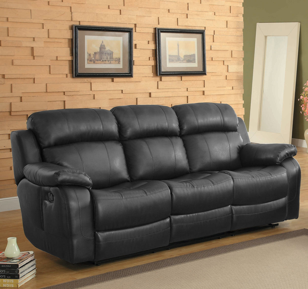 Reclining Sofa w/ Center Console Cup Holder, Black Bonded Leather