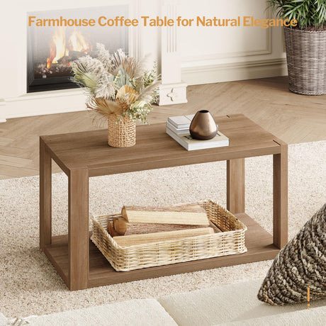 Farmhouse Wood Coffee Table - Boho Table with Storage Shelf