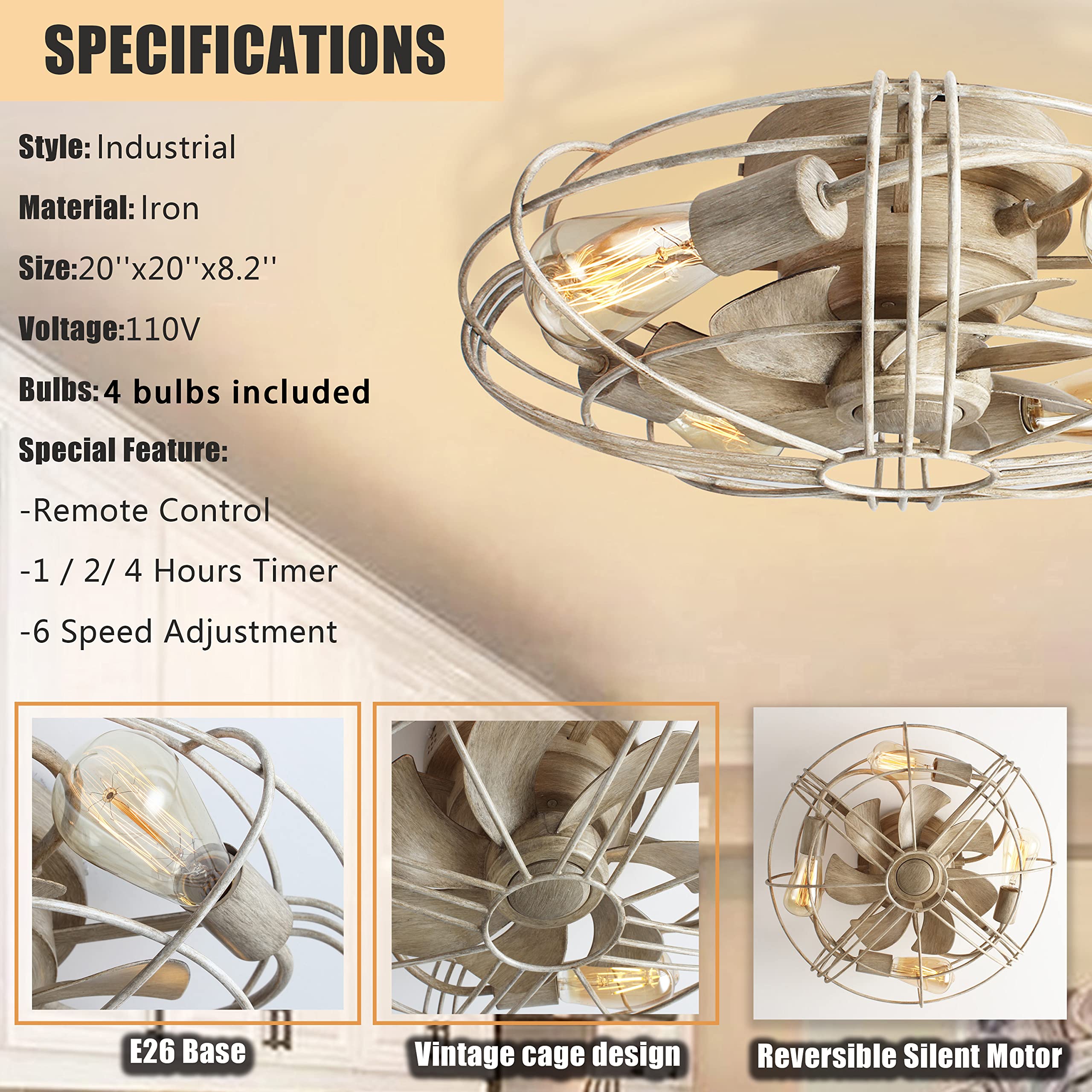 Caged Farmhouse Bladeless Ceiling Fan with Light and Remote