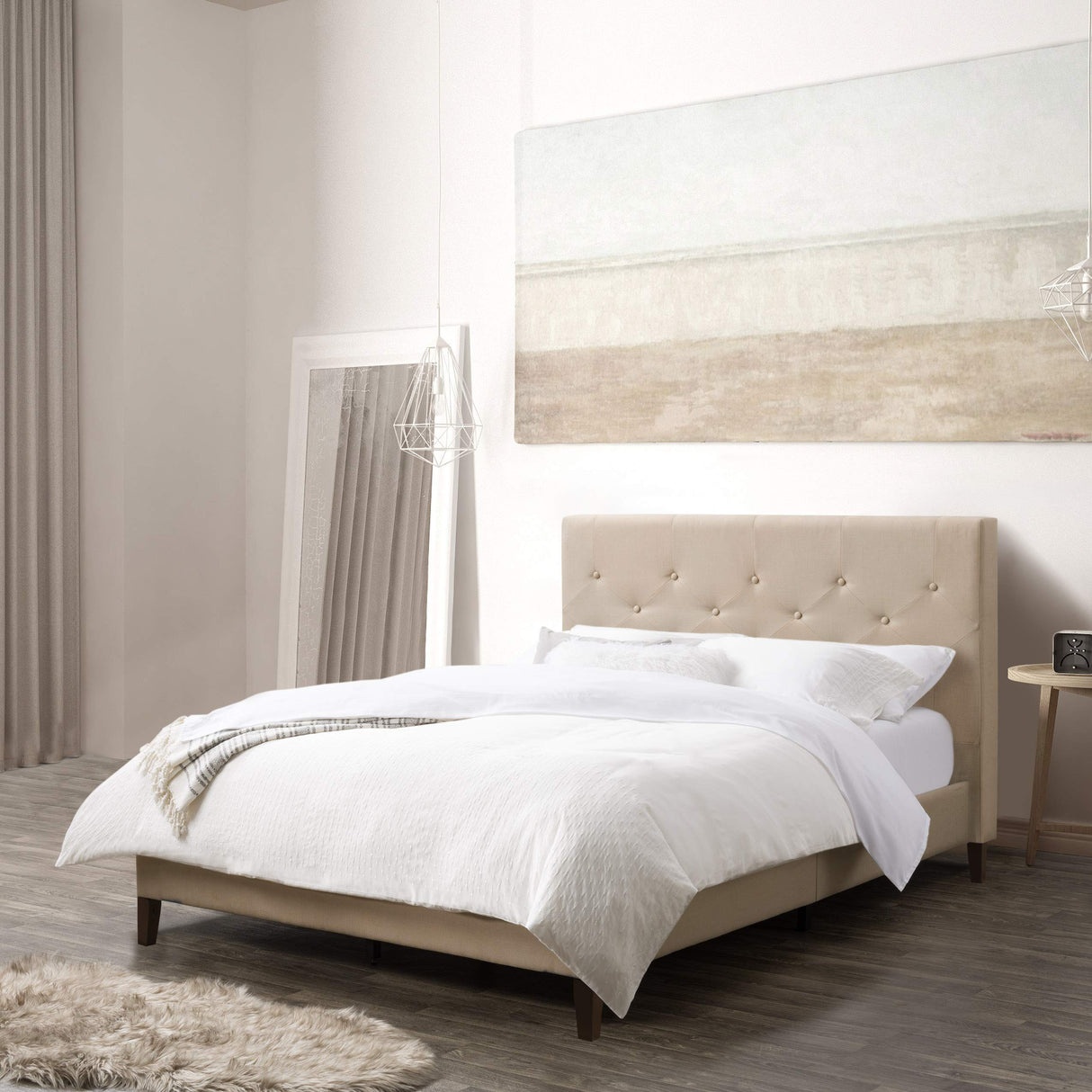 Nova Ridge Upholstered Button-Tufted Bed Frame, Full Cream