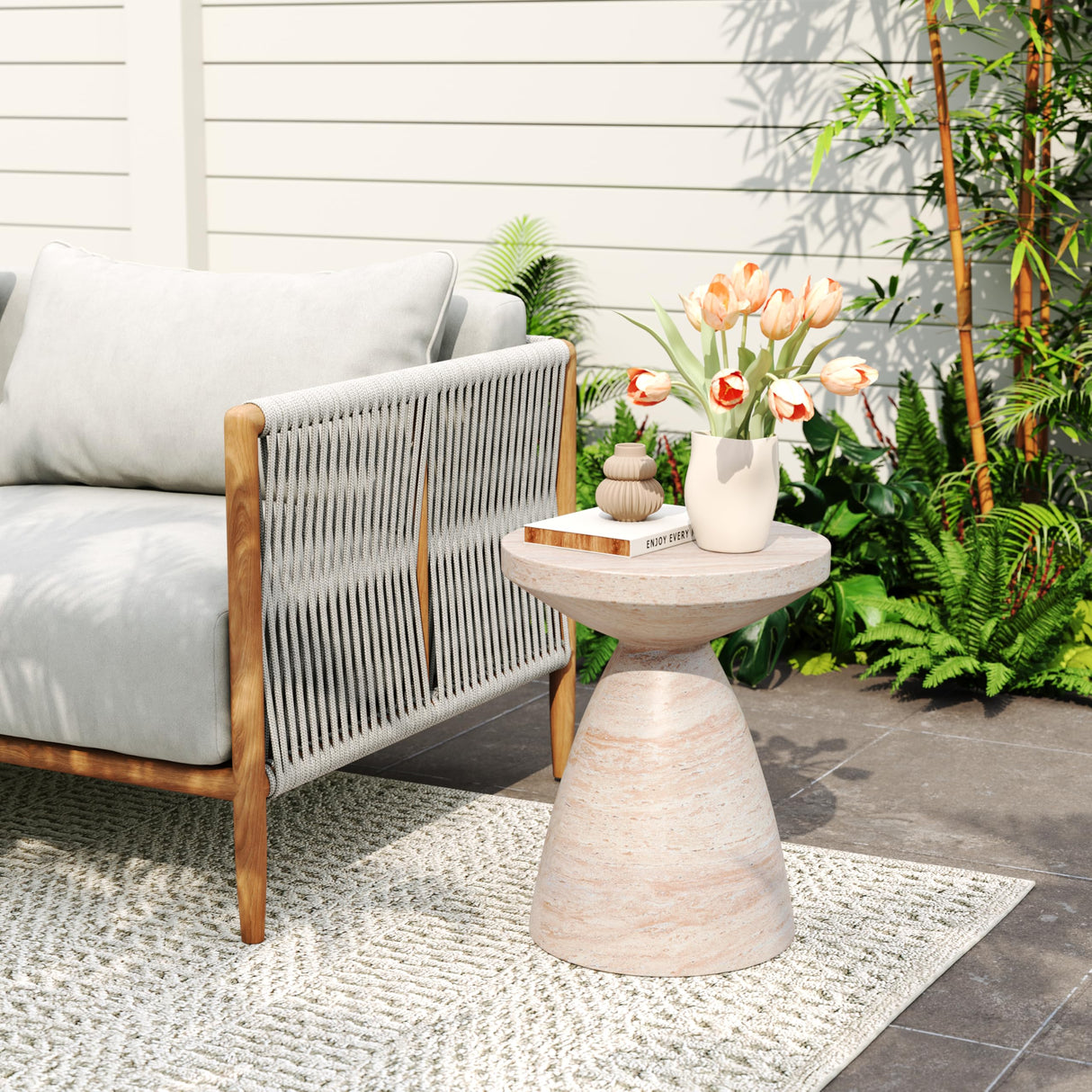 Jayme 20.25" Indoor Outdoor Hourglass Accent Side Table, Patio Decorative End Table