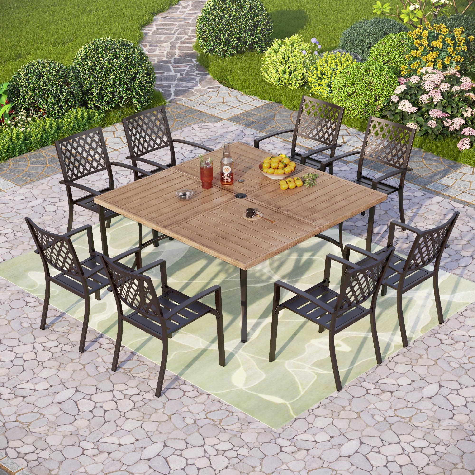 Large Outdoor Patio Table for 8 Person, 60" Square Metal Steel Slat Table with 1.57"-1.9" Adjustable Umbrella Hole, Weather-Resistant Outdoor Dining Table for Deck Backyards, Brown