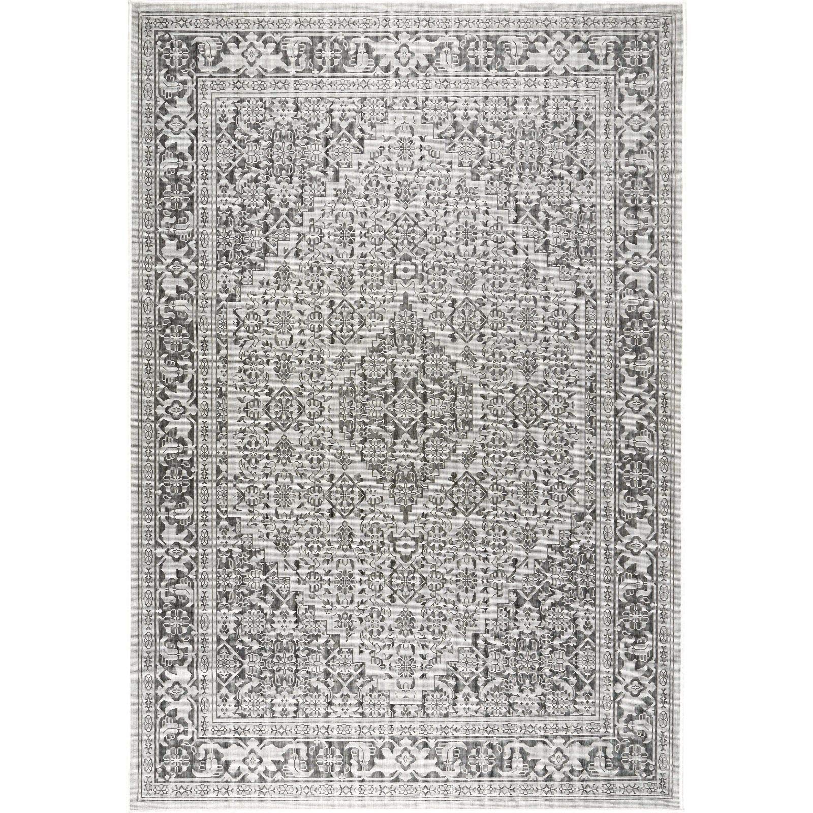 Patio Country Dahlia Transitional Medallion Indoor/Outdoor Area Rug, Grey/Black